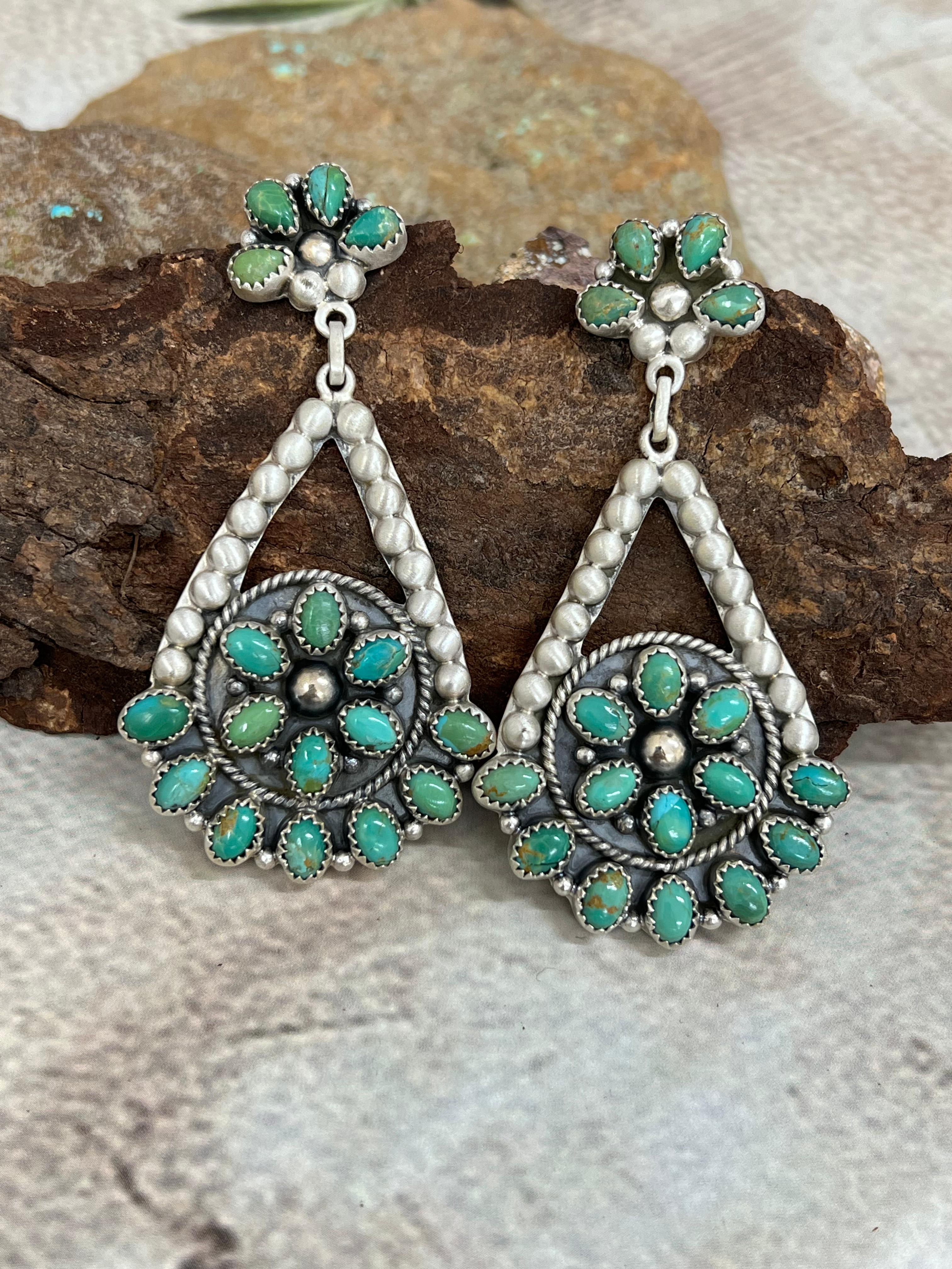Handmade Sterling Silver Kingman Turquoise Post Dangle Earrings with Signed Nizhoni