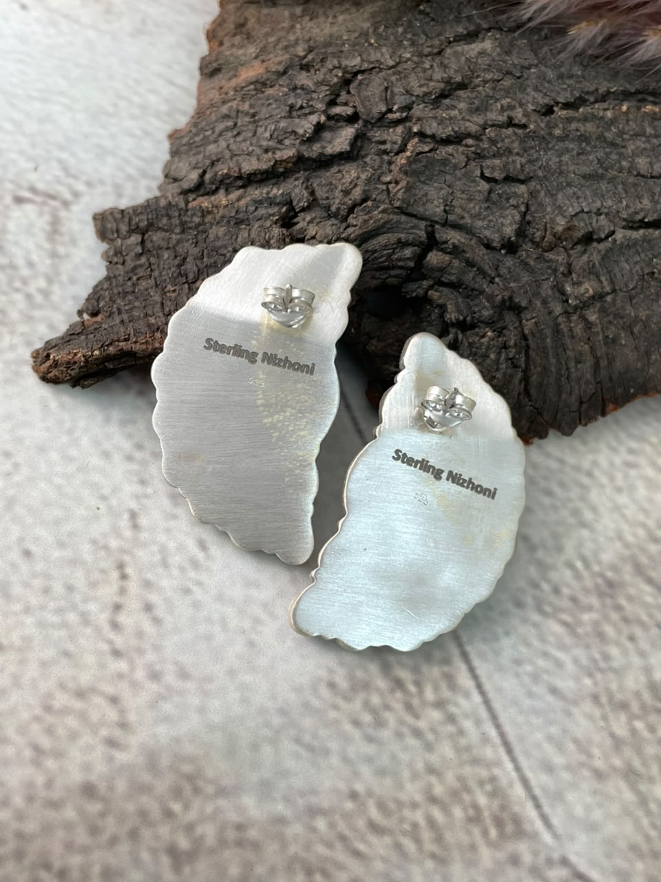 Handmade Sterling Silver Golden Hills Turquoise with White Buffalo Post Studs Earrings Signed Nizhoni (3)