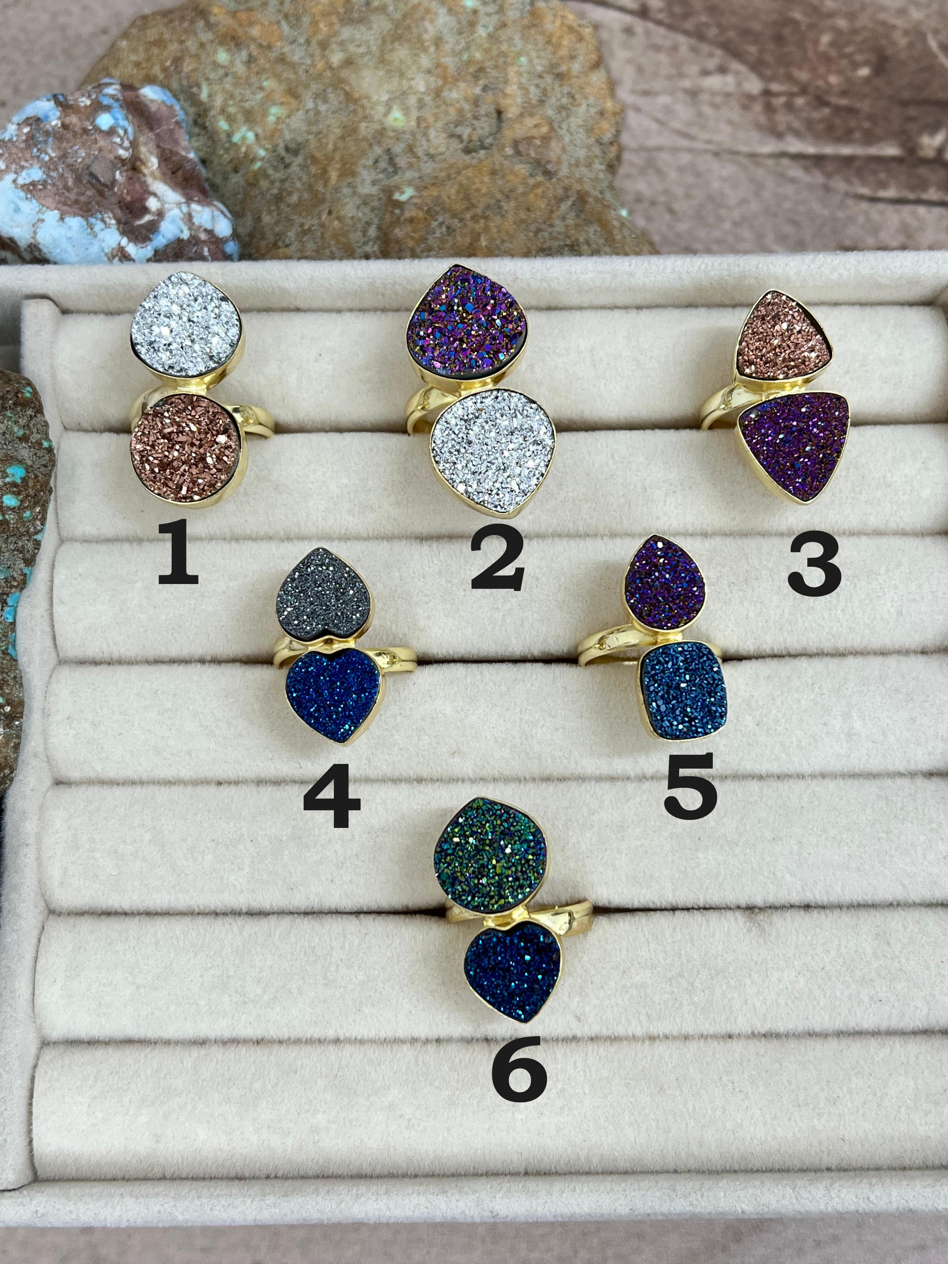 “The Boho Collection” Handmade Natural Druzy 2 Stone Adjustable Ring