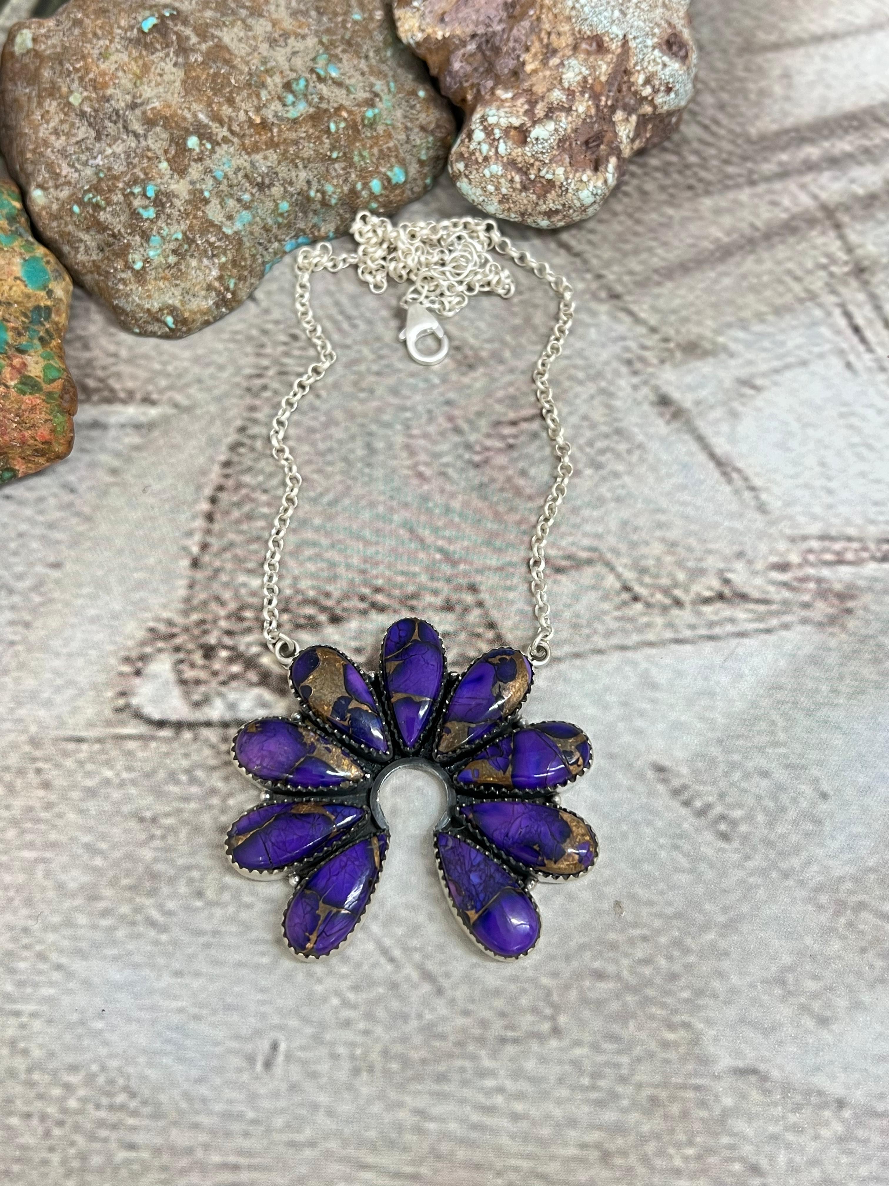 Handmade Sterling Silver Grape Dahlia Squash Blossom Necklace with Signed Nizhoni