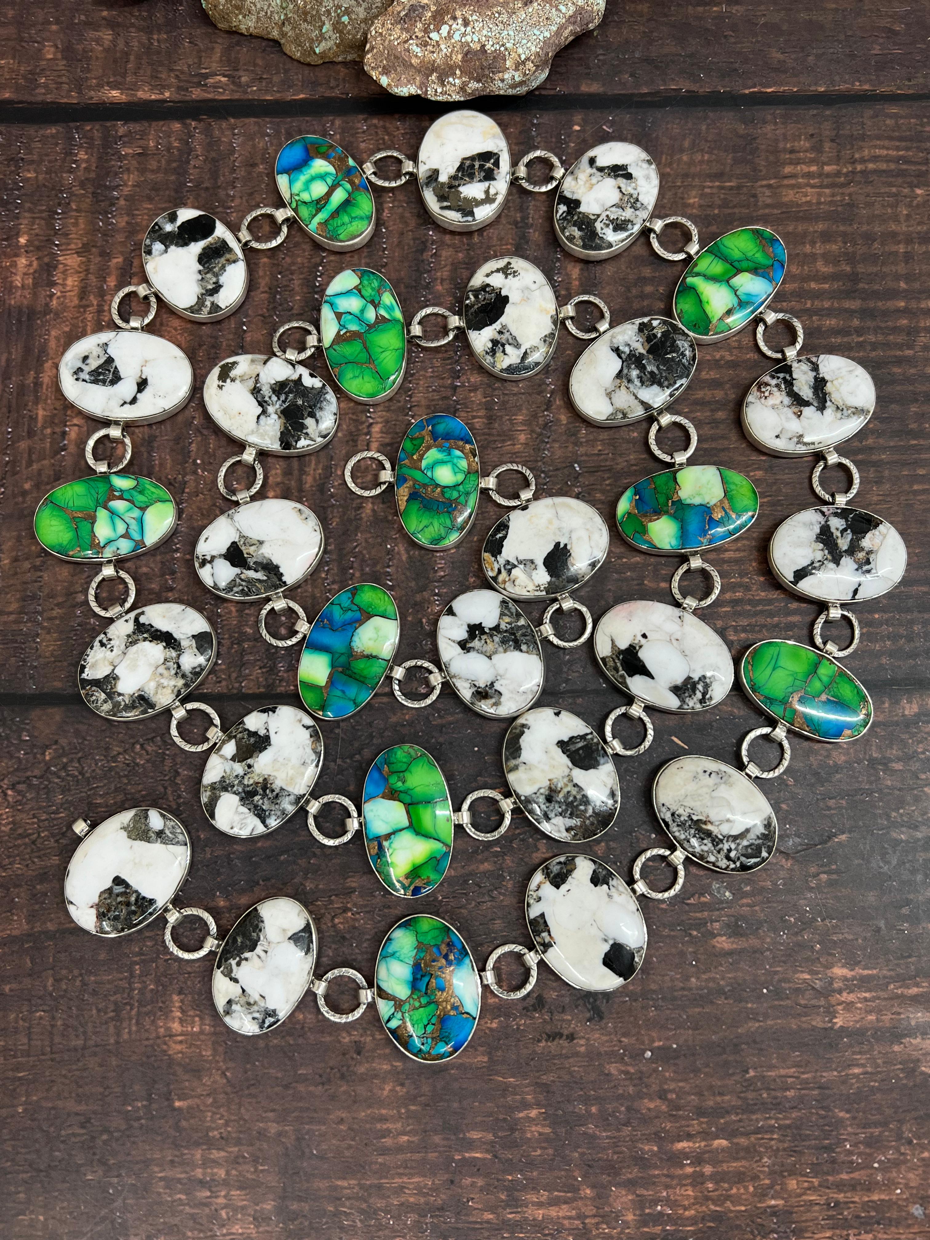 Handmade Sterling Silver White Buffalo with Peacock Dahlia Belt with Signed Nizhoni