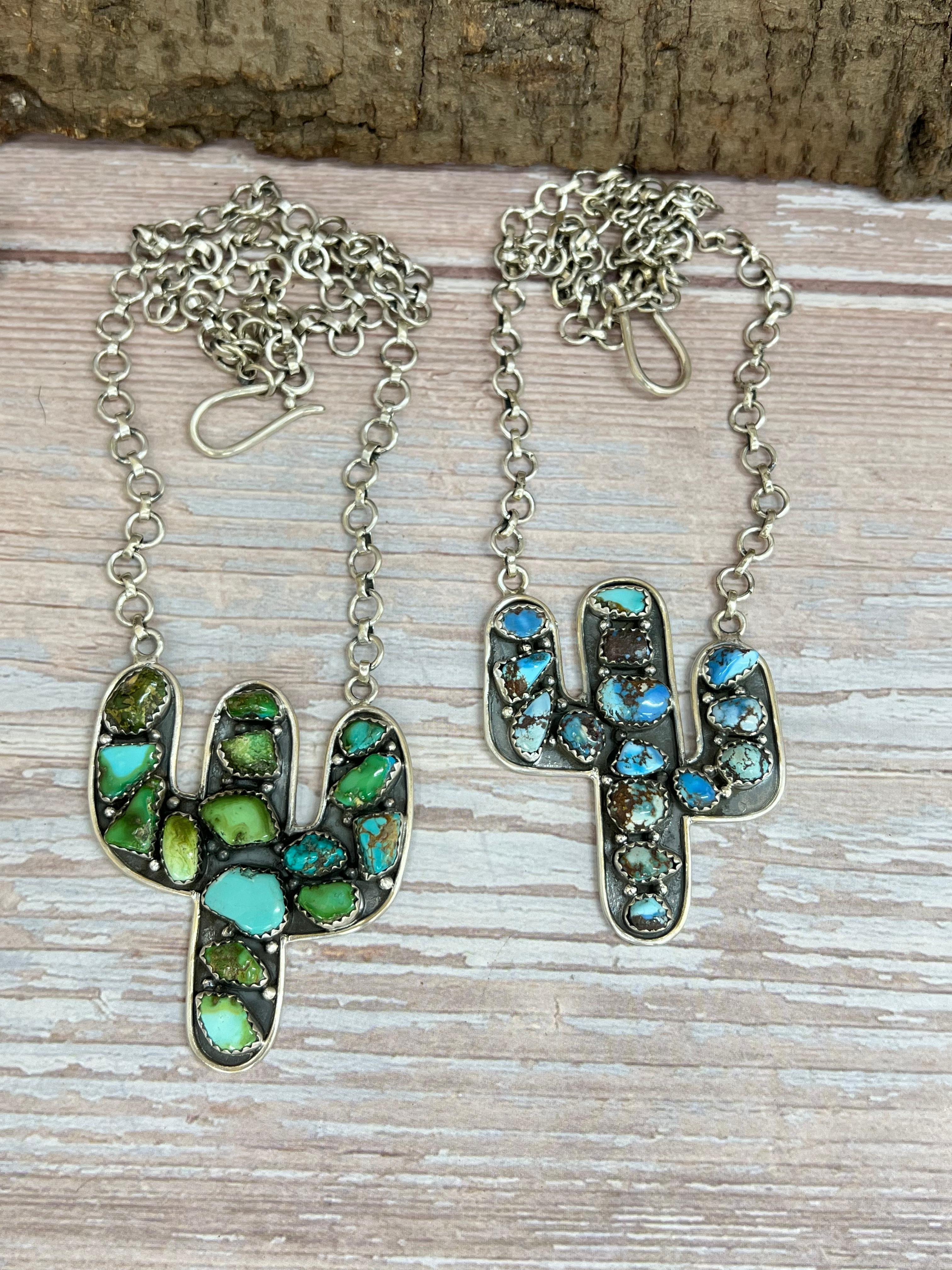 Handmade Sterling Silver Golden Hill Turquoise, Sonoran Cactus Necklace with Signed Nizhoni