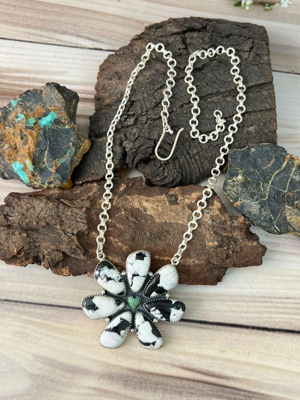 Handmade Sterling Silver Kingman Turquoise with White Buffalo Necklace Signed Nizhoni