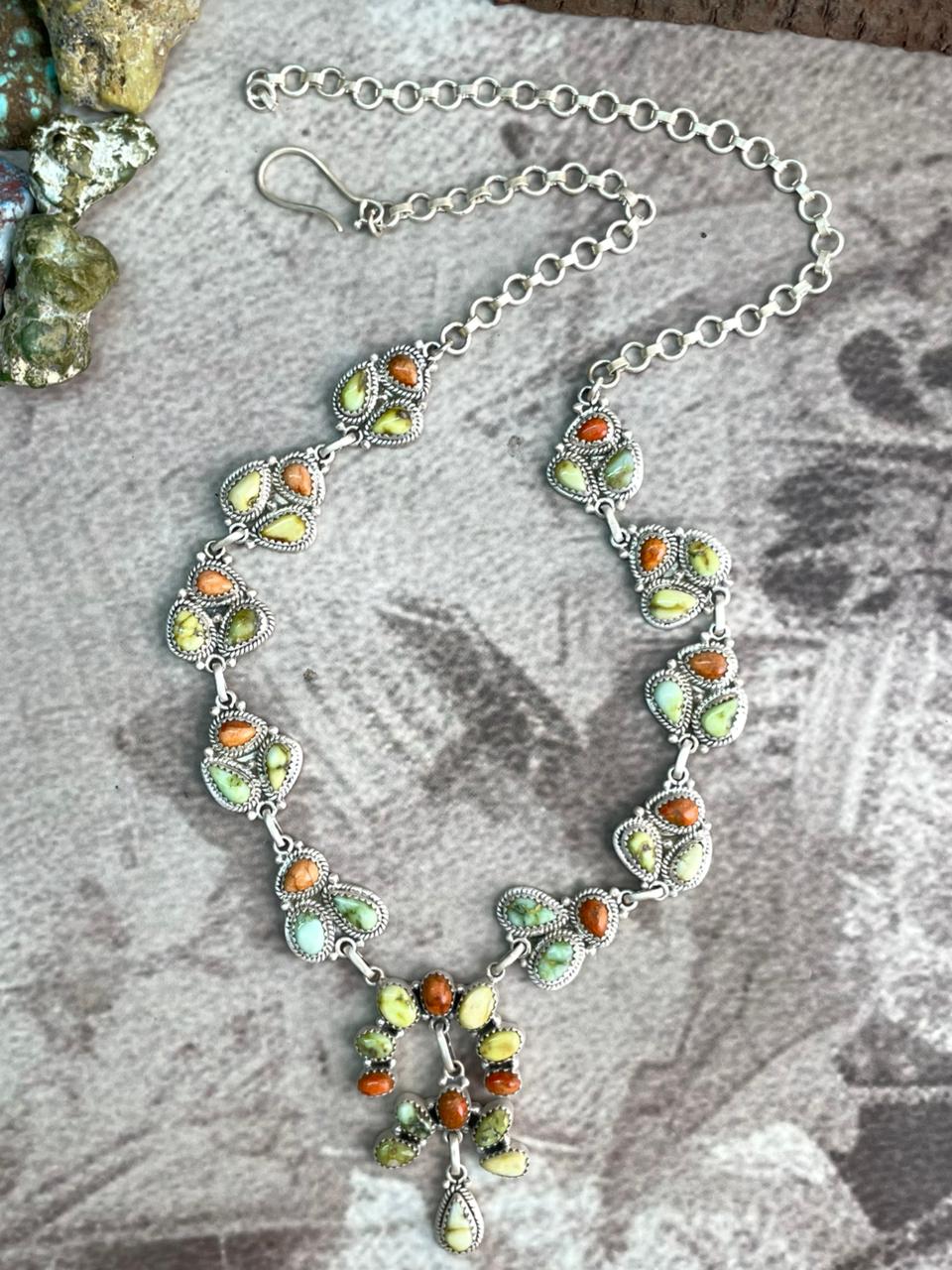 Handmade Sterling Silver Apple Coral and Palomino Necklace "Signed Nizhoni"