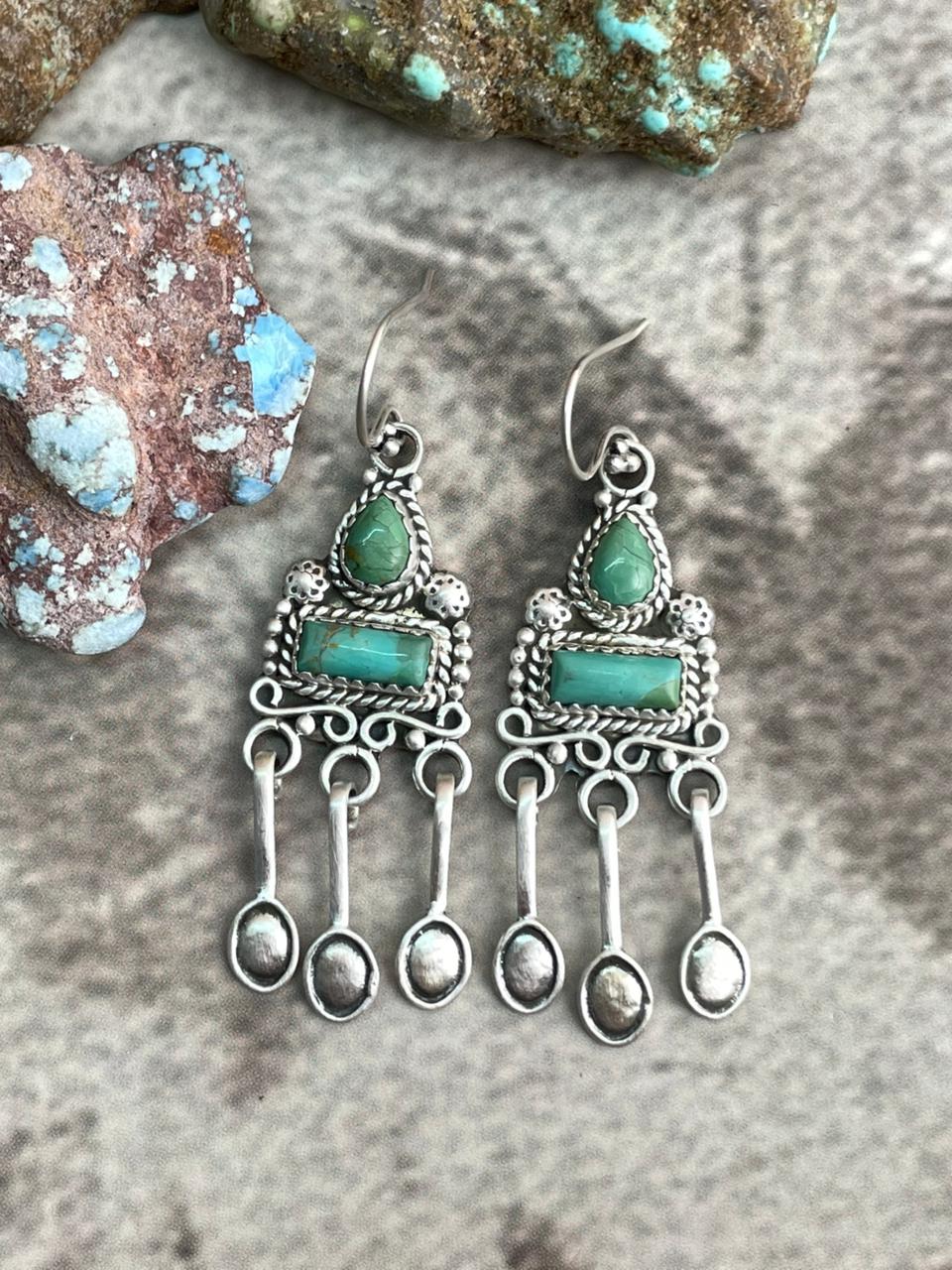 Handmade Sterling Silver Kingman Turquoise Hook Dangle Earrings with Signed Nizhoni