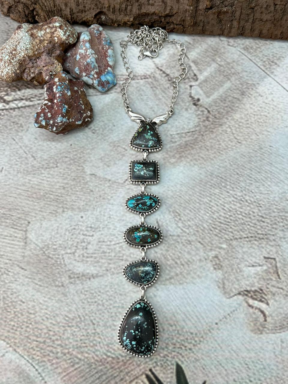 Handmade Sterling Silver Lander Turquoise Necklace with Signed Nizhoni