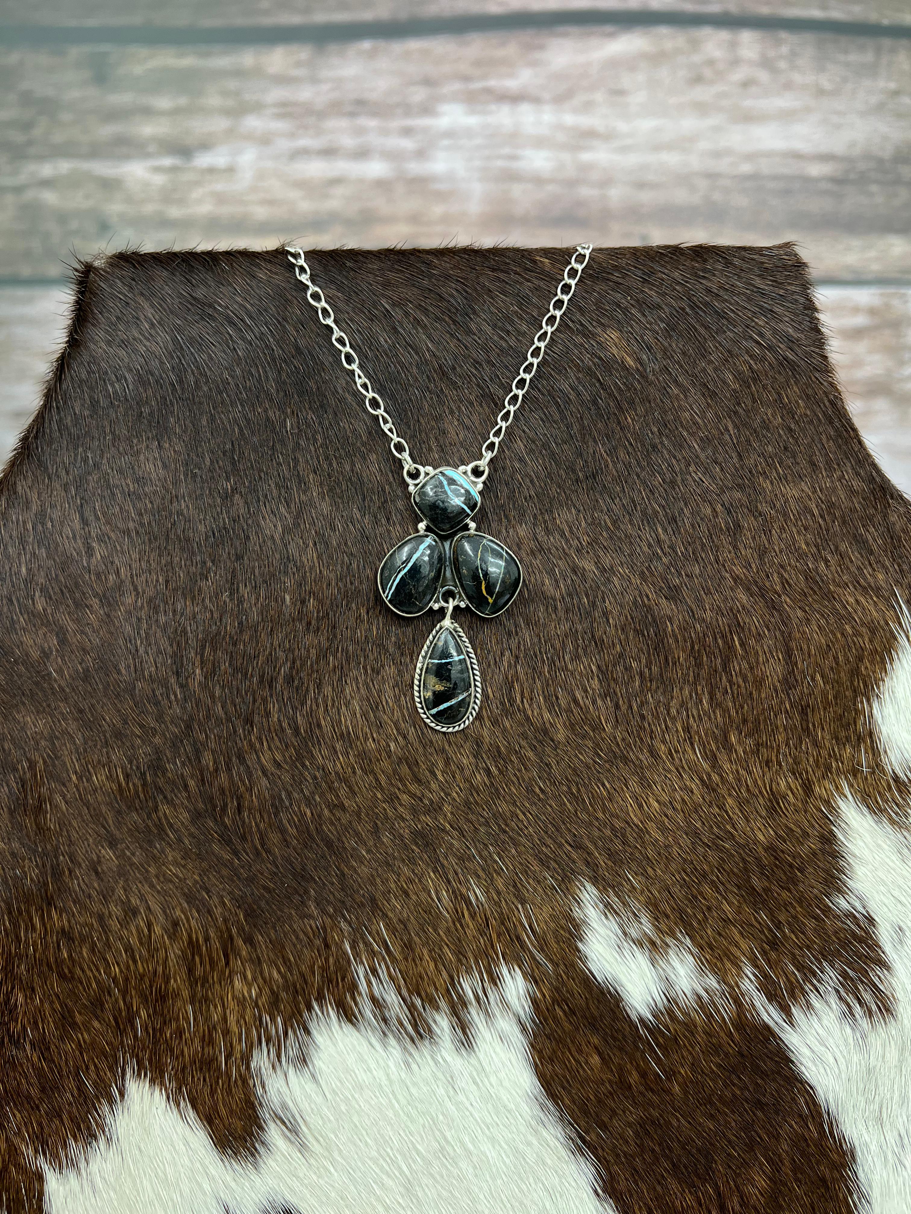 Handmade Sterling Silver Blackjack Turquoise Necklace Signed Nizhoni