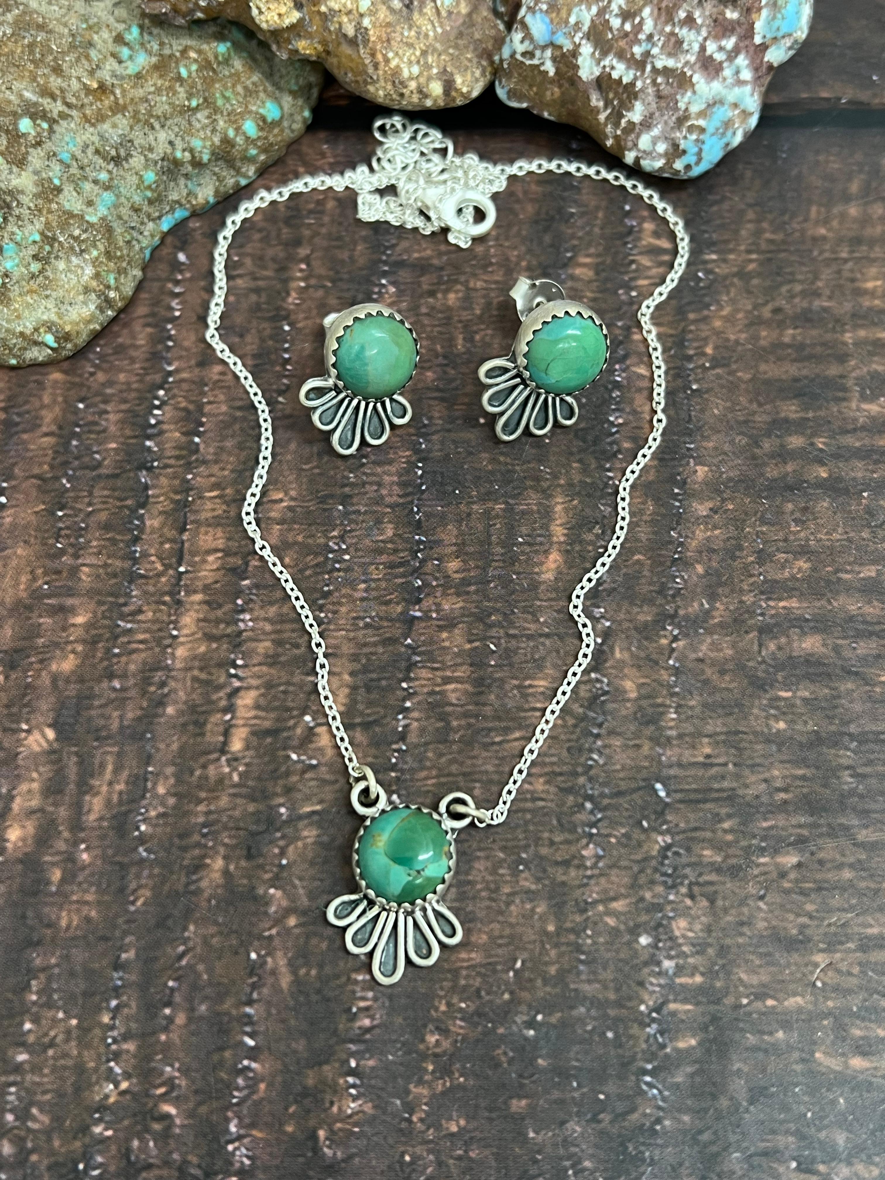 Handmade Sterling Silver Kingman Turquoise Necklace Earrings Set with Signed Nizhoni