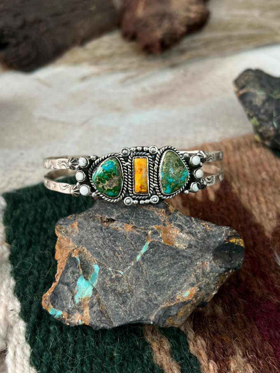 Handmade Sterling Silver Sonoran Mountain Turquoise with Bumblebee and White Buffalo Spring Collection: Cuff Bracelet Signed Nizhoni