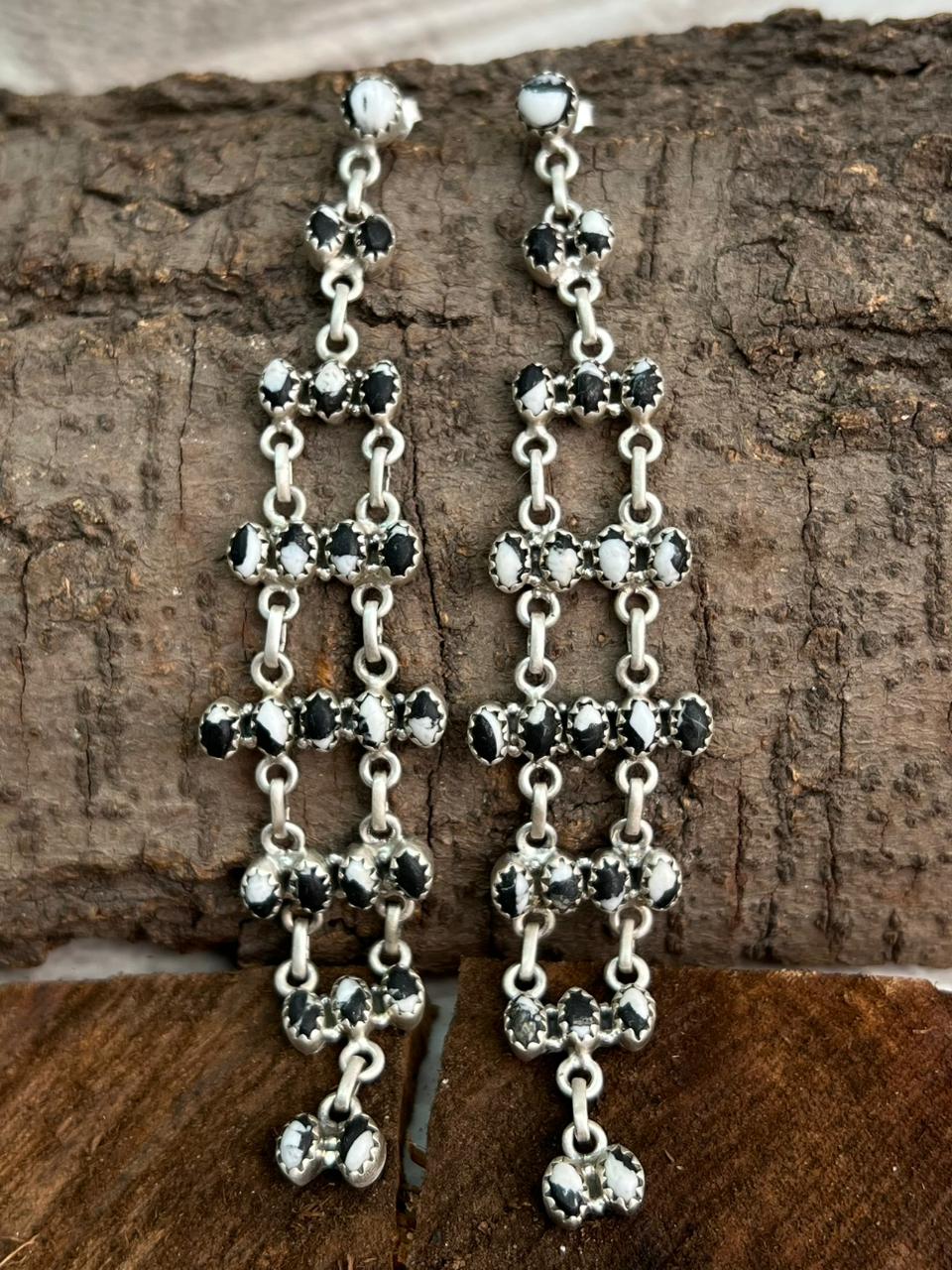 Handmade Sterling Silver White Buffalo Post Dangle Earrings "Signed Nizhoni"