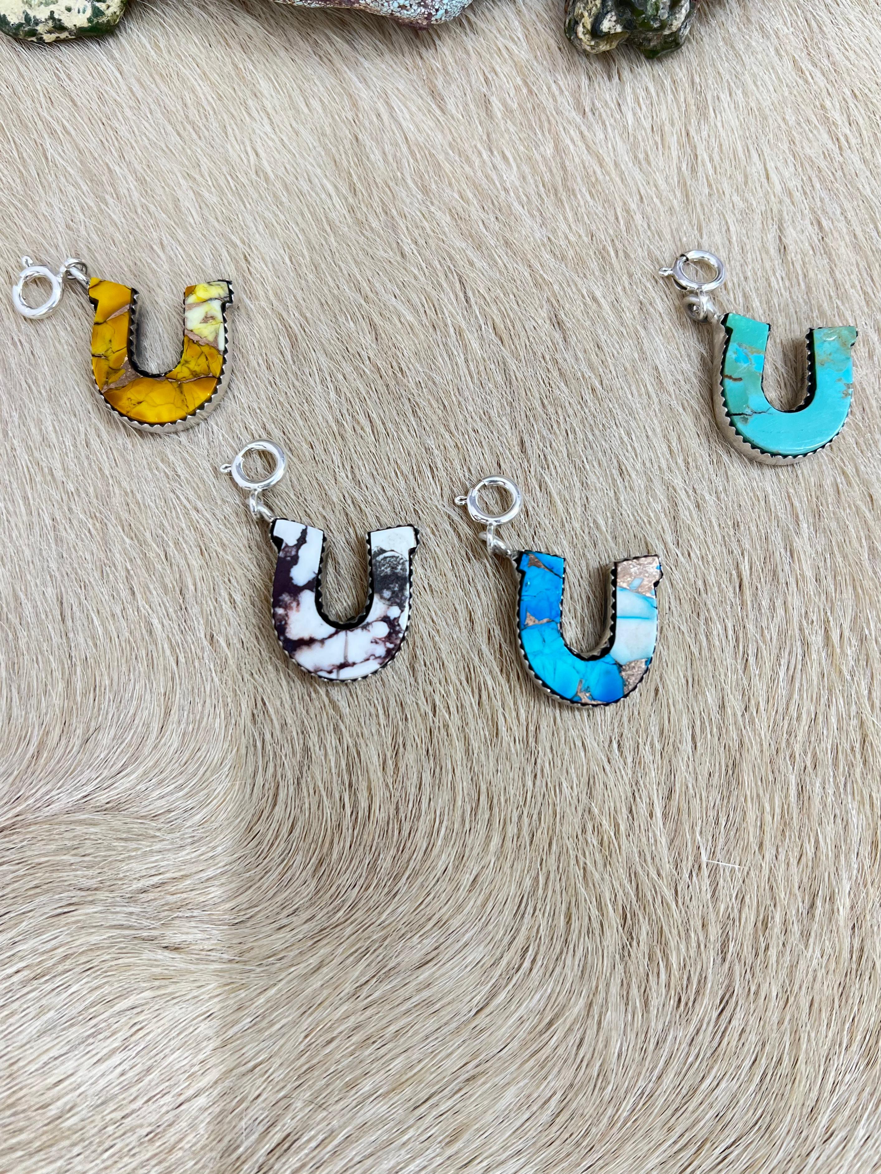 Handmade Horseshoe Sterling Silver Ice Blue Dahlia, Wild Horse, Kingman, Honey Dahlia Charms with Signed Nizhoni