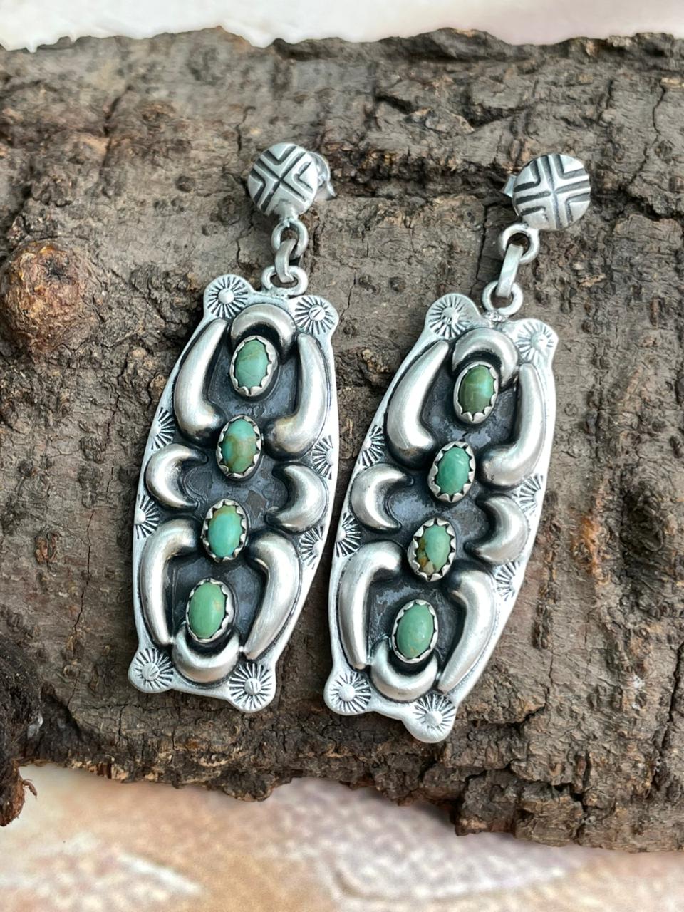 Handmade Sterling Silver Kingman Turquoise Post Dangle Earrings "Signed Nizhoni"