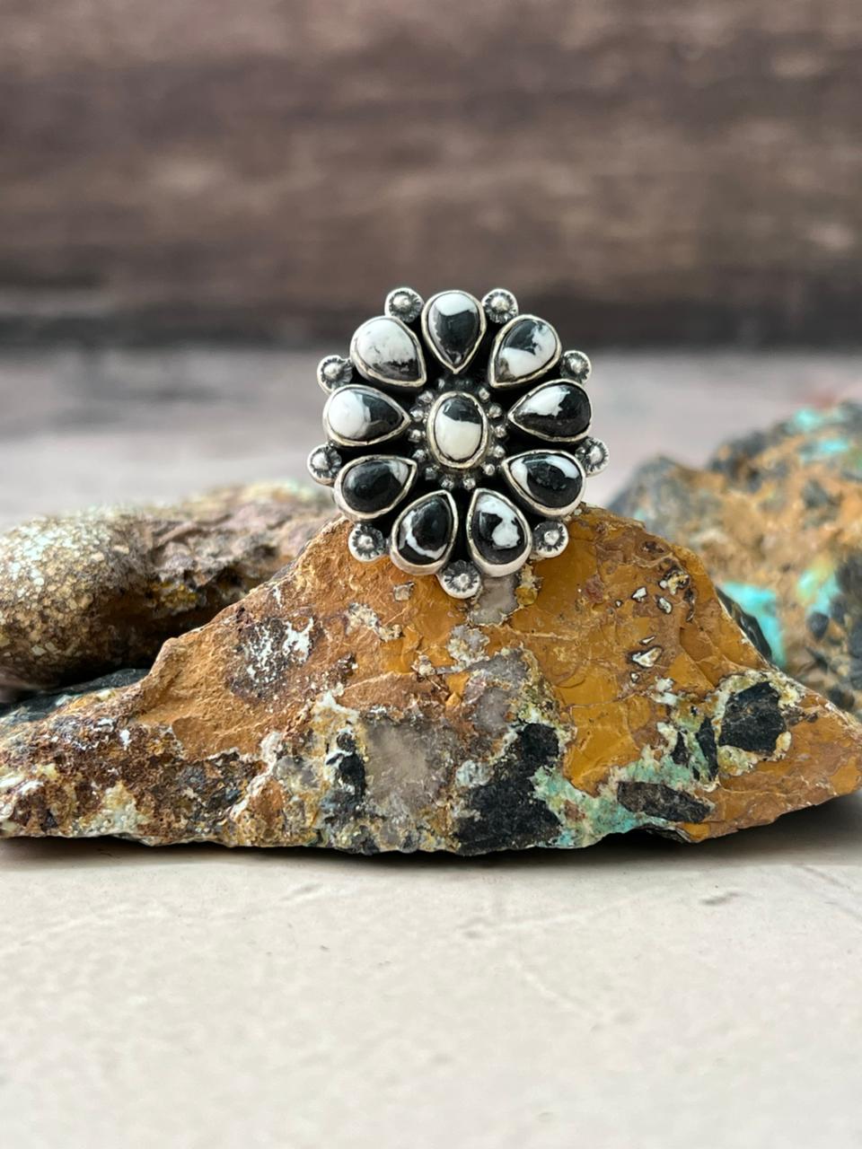 Handmade Sterling Silver White Buffalo Turquoise Adjustable Ring "Signed Nizhoni"