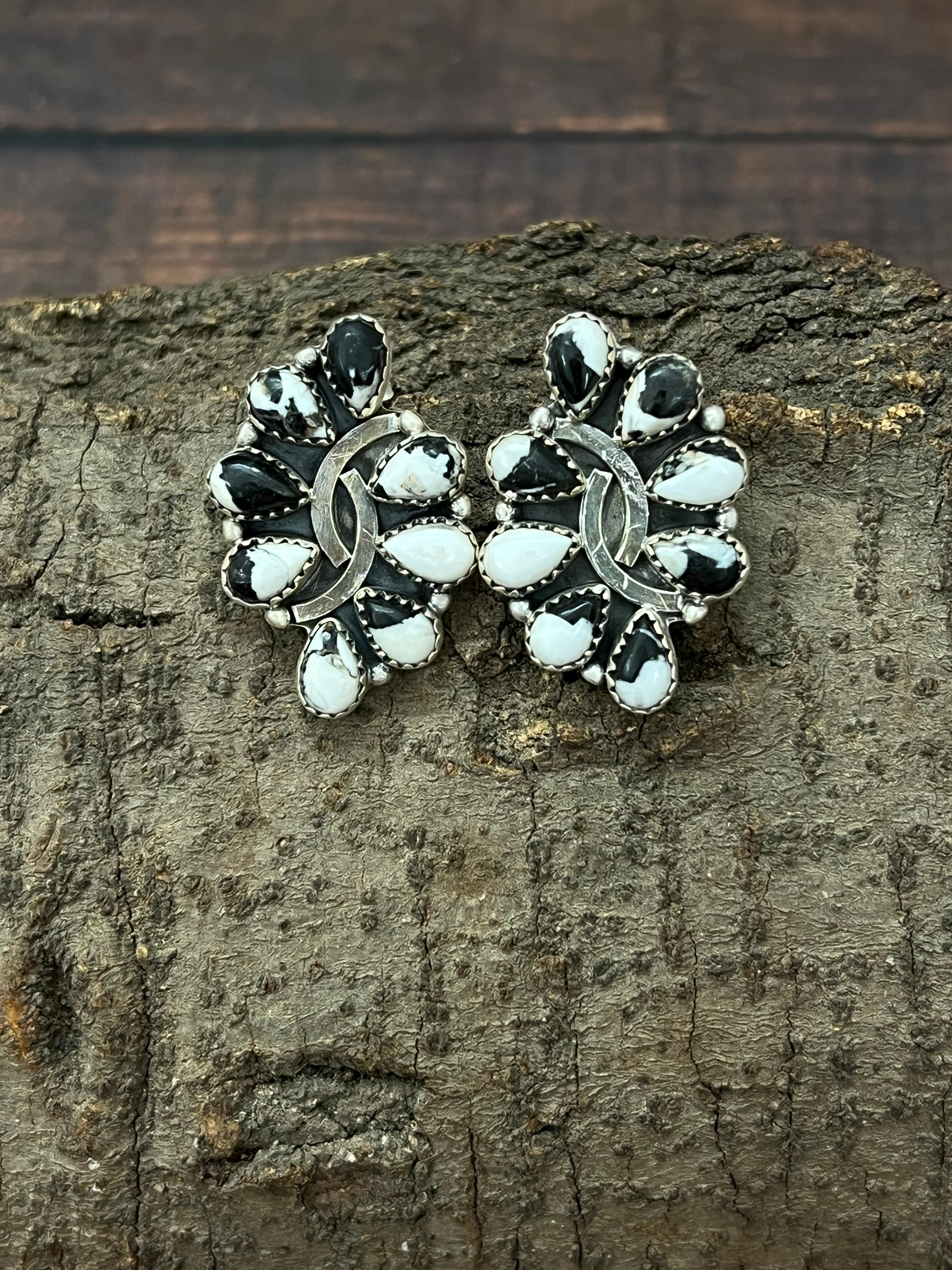 Handmade Sterling Silver White Buffalo Post Studs with Signed Nizhoni