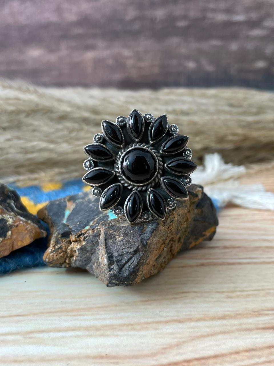 Handmade Sterling Silver Black Onyx Adjustable Ring "Signed Nizhoni"