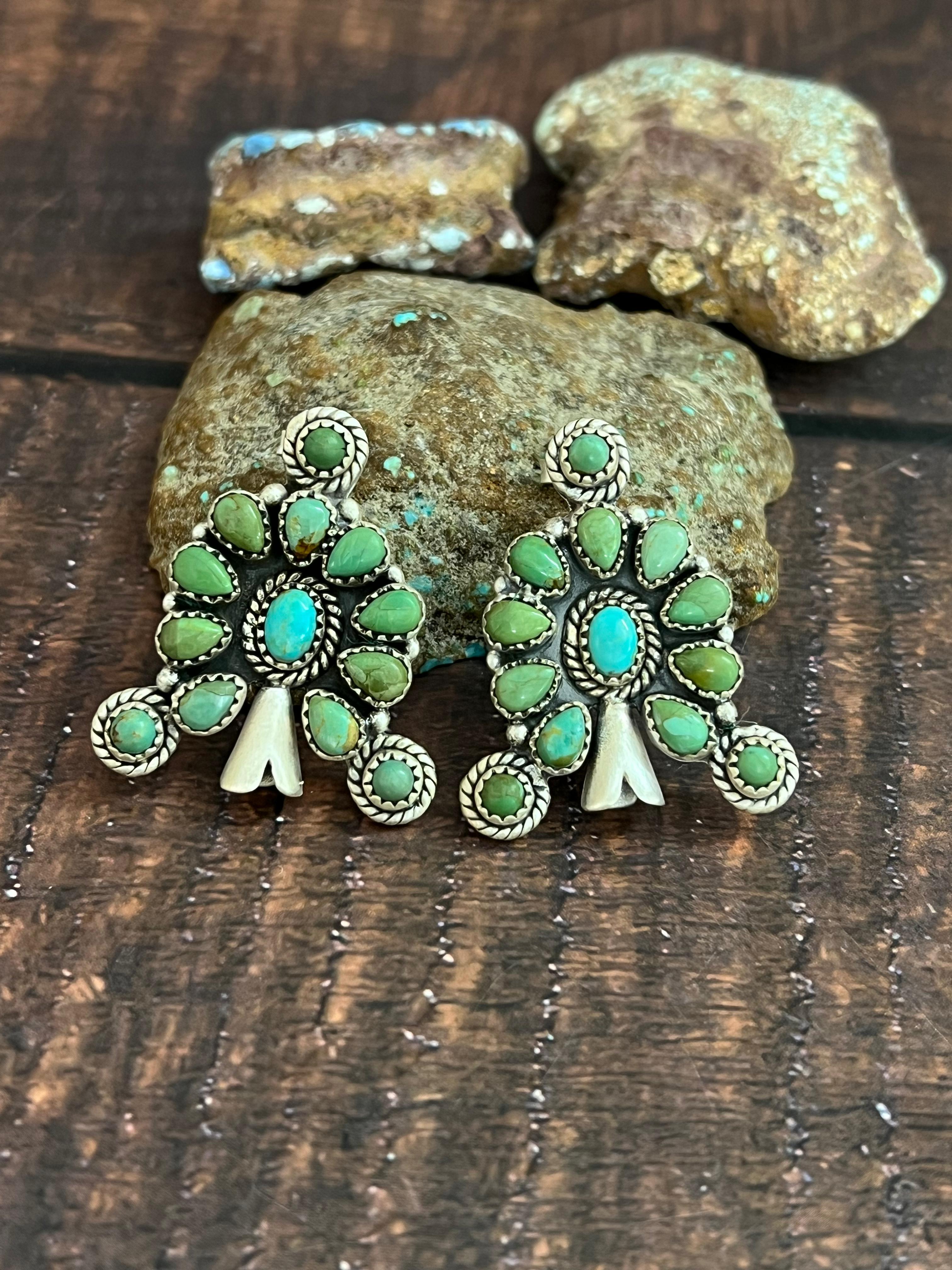 Handmade Sterling Silver Kingman Turquoise Blossom Earrings with Signed Nizhoni