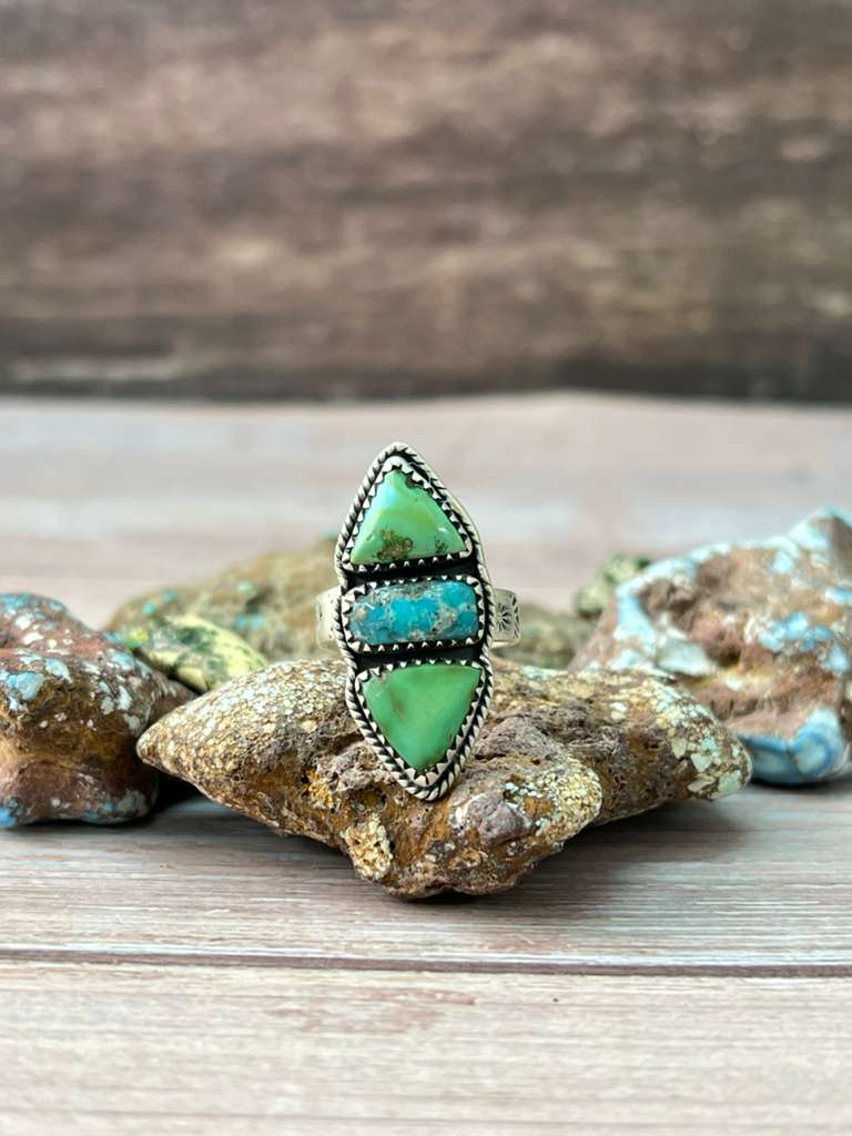 Handmade Sterling Silver Sonoran Mountain Turquoise with White Water Adjustable Ring "Signed Nizhoni"