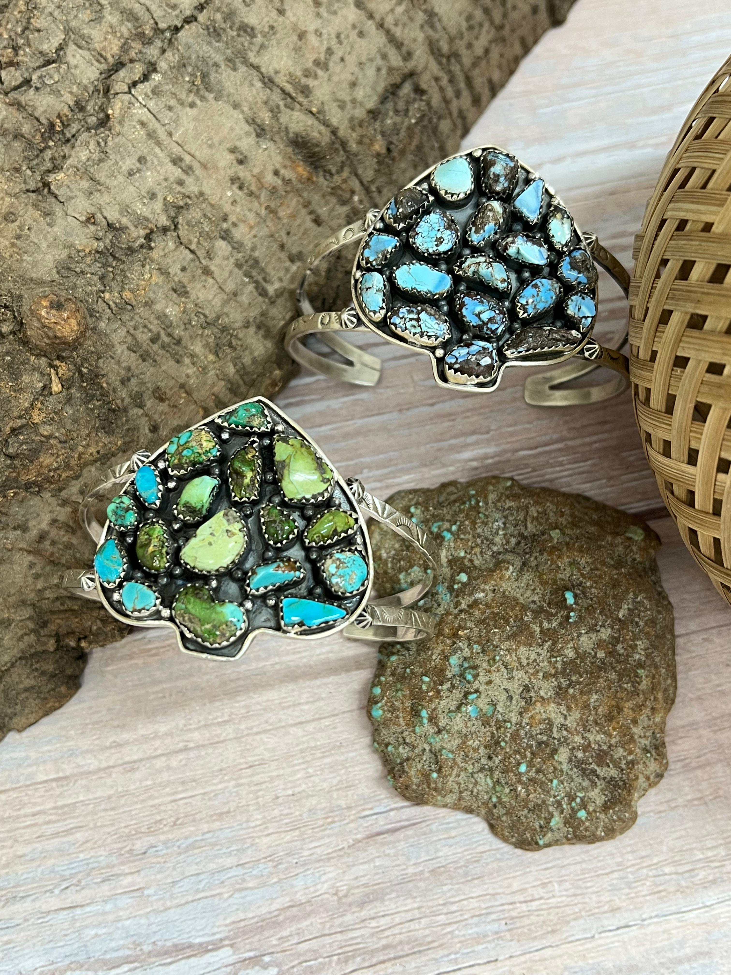 Handmade Sterling Silver Golden Hill, Sonoran Mountain Turquoise Spade Bracelet with Signed Nizhoni /