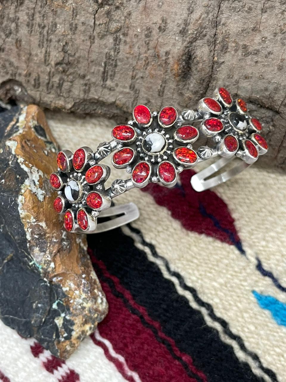 "Christmas Collection" Handmade Sterling Silver White Buffalo With Red Opal Cuff Bracelet "Signed Nizhoni"