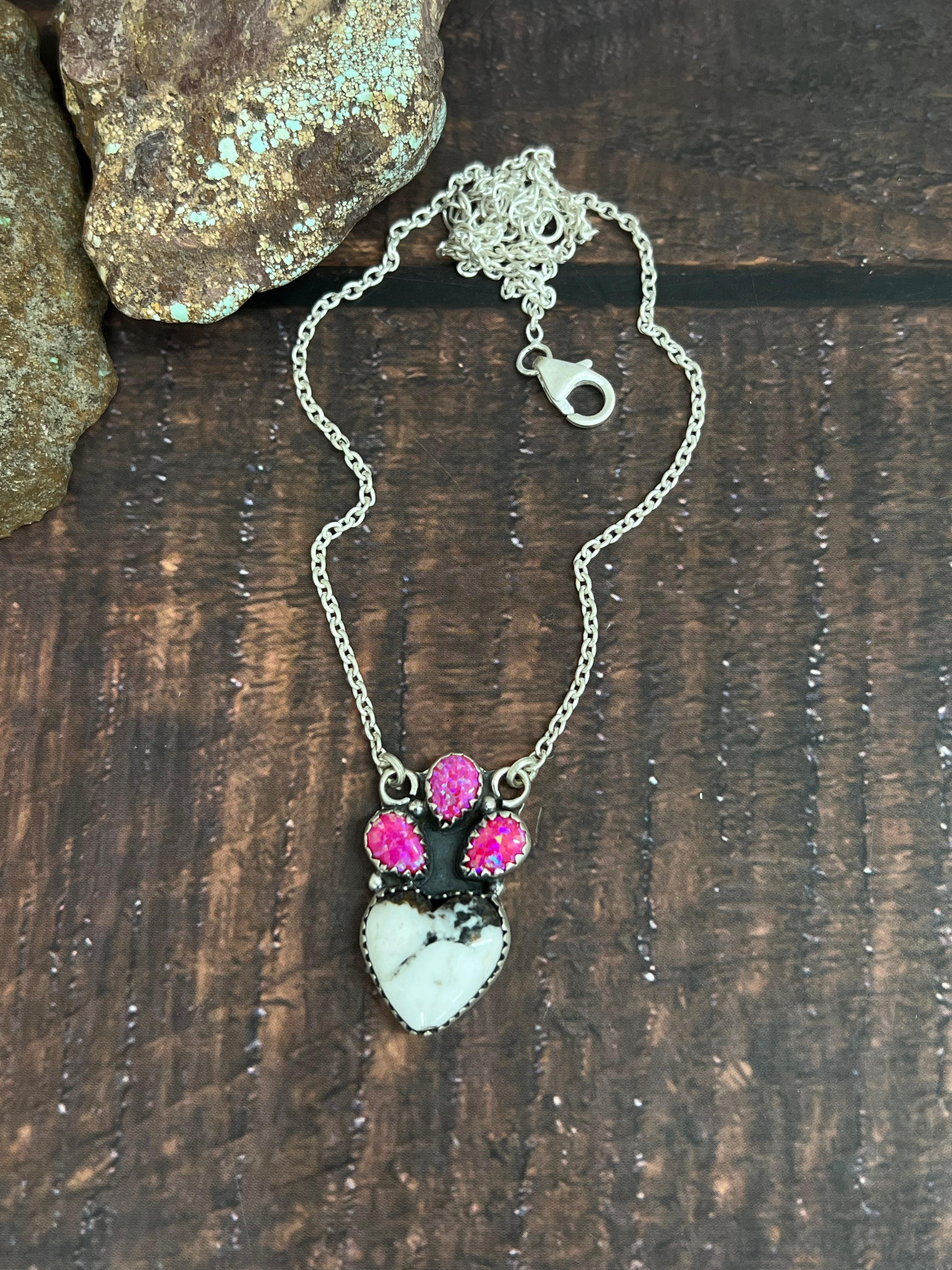 Handmade Sterling Silver Hot Pink, White Buffalo Turquoise Necklace with Signed Nizhoni