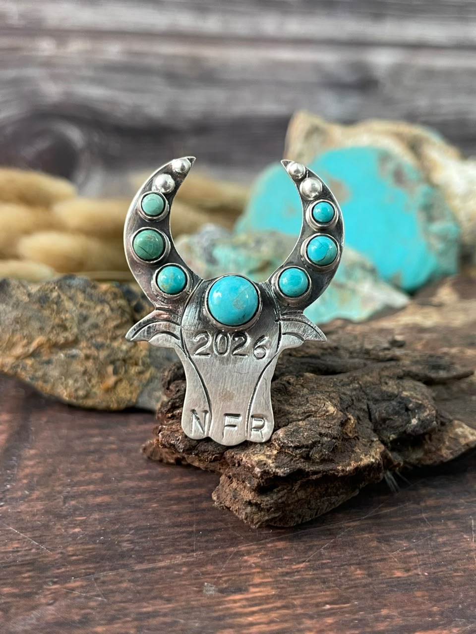 Handmade Sterling Silver Kingman Turquoise NFR Collection: Bull Head Adjustable Ring Signed Nizhoni
