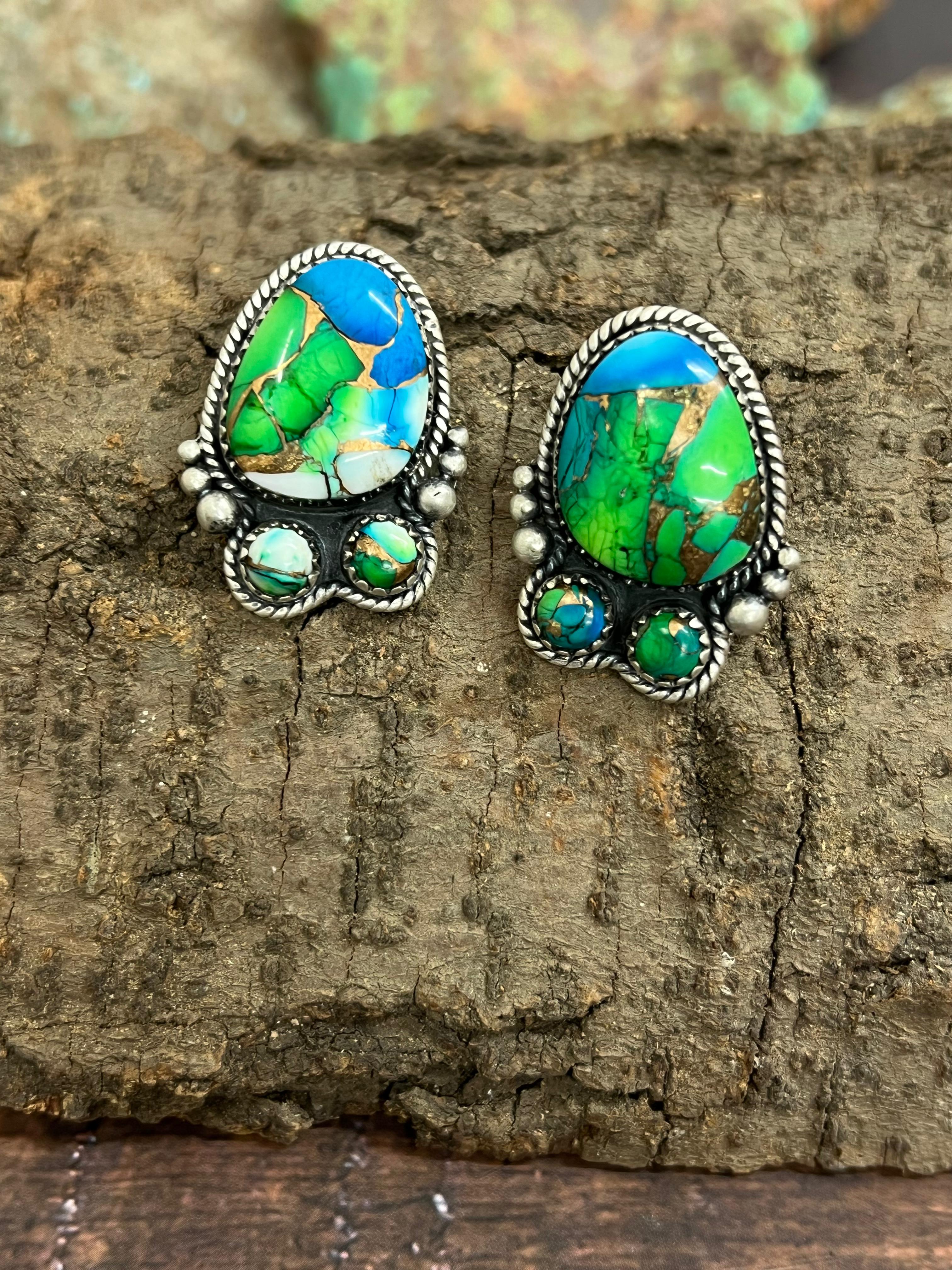 Handmade Sterling Silver Peacock Dahlia Post Earrings with Signed Nizhoni