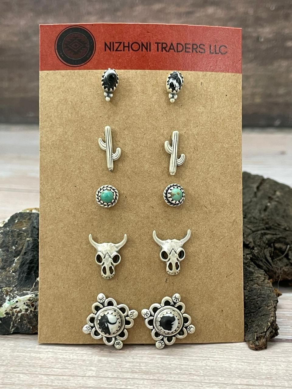 Handmade Sterling Silver White Buffalo with Kingman Turquoise Studs (Cards) Earrings Set