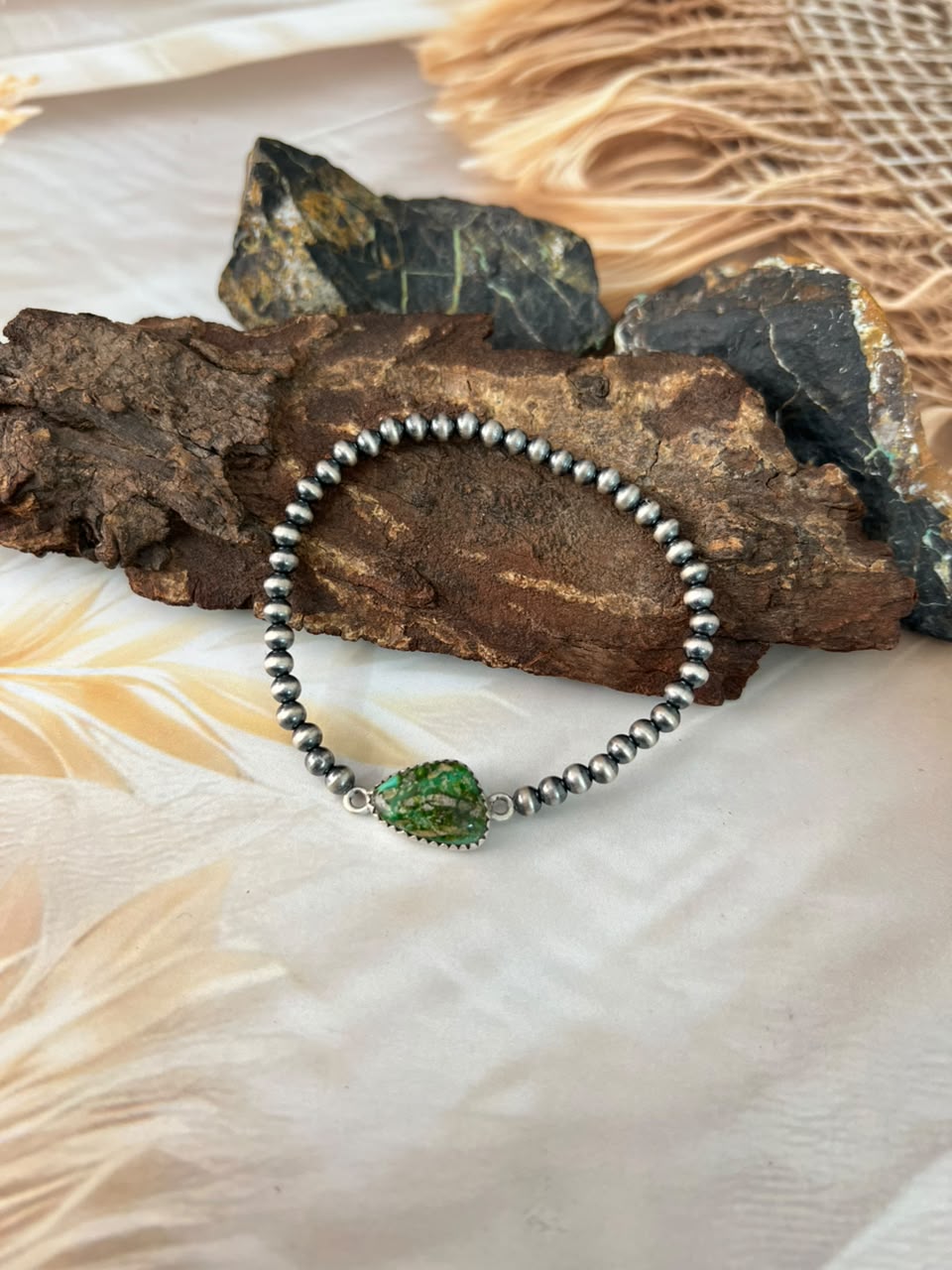 Handmade Sterling Silver Sonoran Mountain Turquoise Stretchy Beaded Bracelet Signed Nizhoni