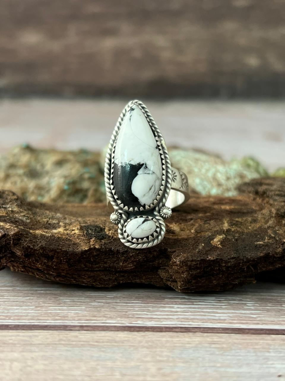 Handmade Sterling Silver White Buffalo Adjustable Ring With Signed Nizhoni