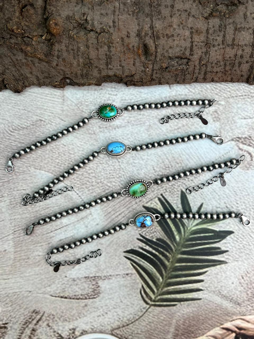 Handmade Sterling Silver Beaded Golden Hills, Sonoran Mountain Turquoise Chain Bracelet "Signed Nizhoni"