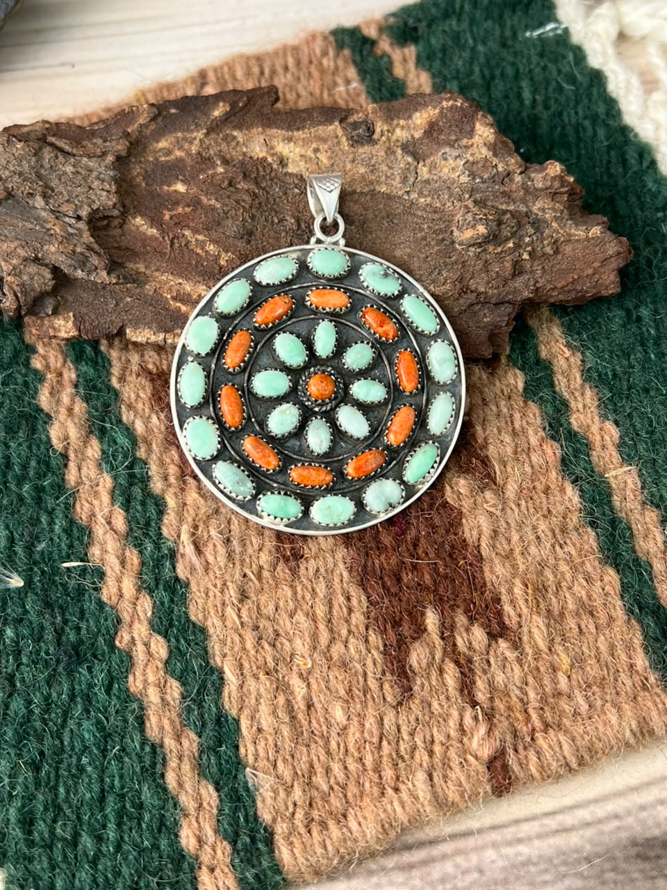 Handmade Sterling Silver Paloma Turquoise with Orange Mojave Pendant Signed Nizhoni