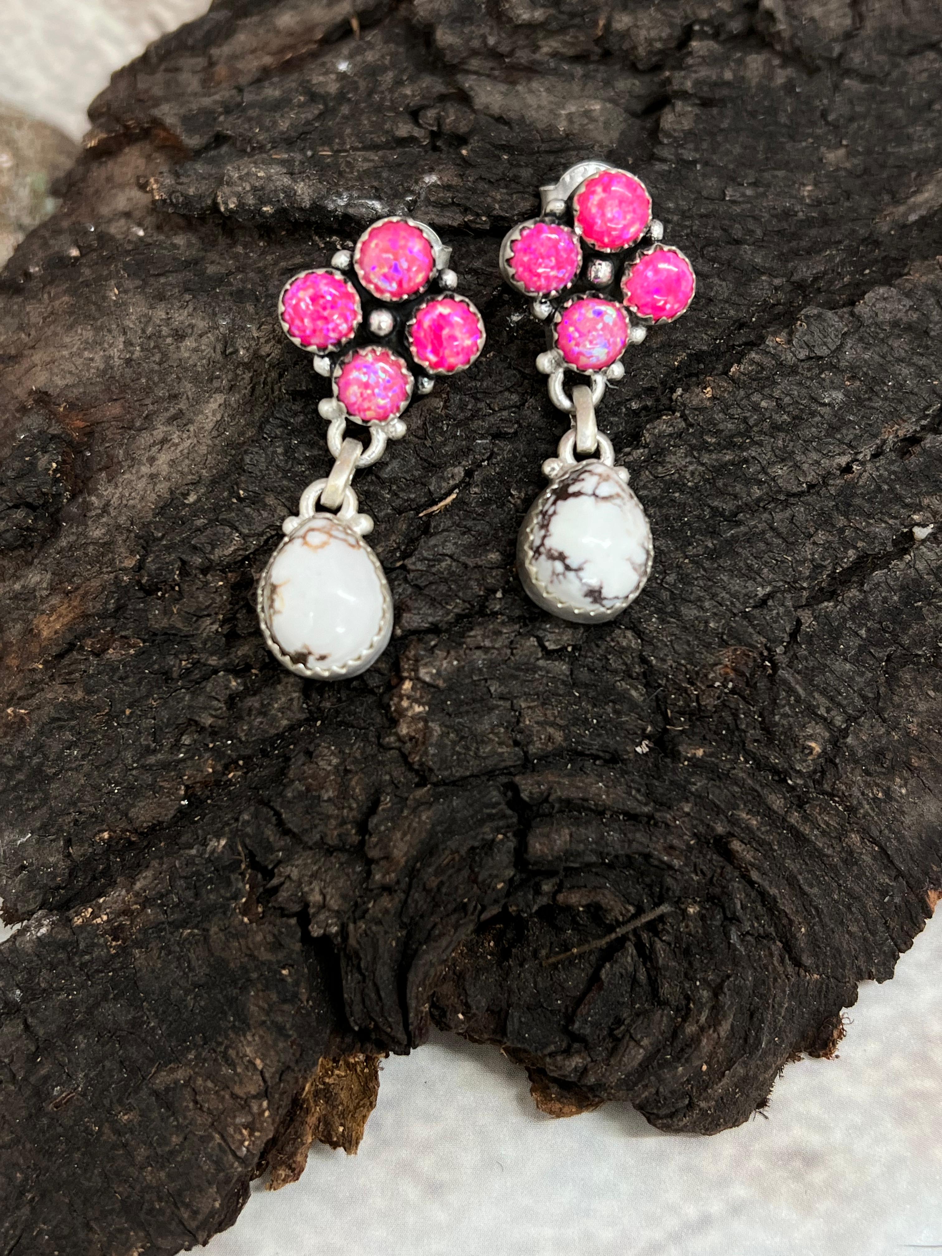 Handmade Sterling Silver Wild Horse with Purple Dahlia Post Dangle Earrings, Signed Nizhoni (7)