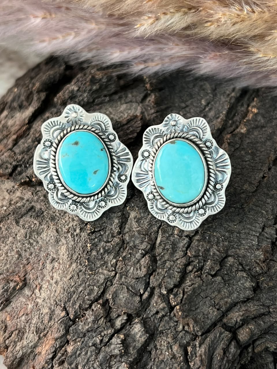 Handmade Sterling Silver Campitos Turquoise Collection: Post Studs Earrings Signed Nizhoni