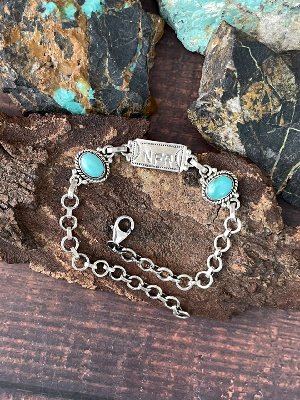 Handmade Sterling Silver Kingman Turquoise NFR Collection: Chain Bracelet Signed Nizhoni
