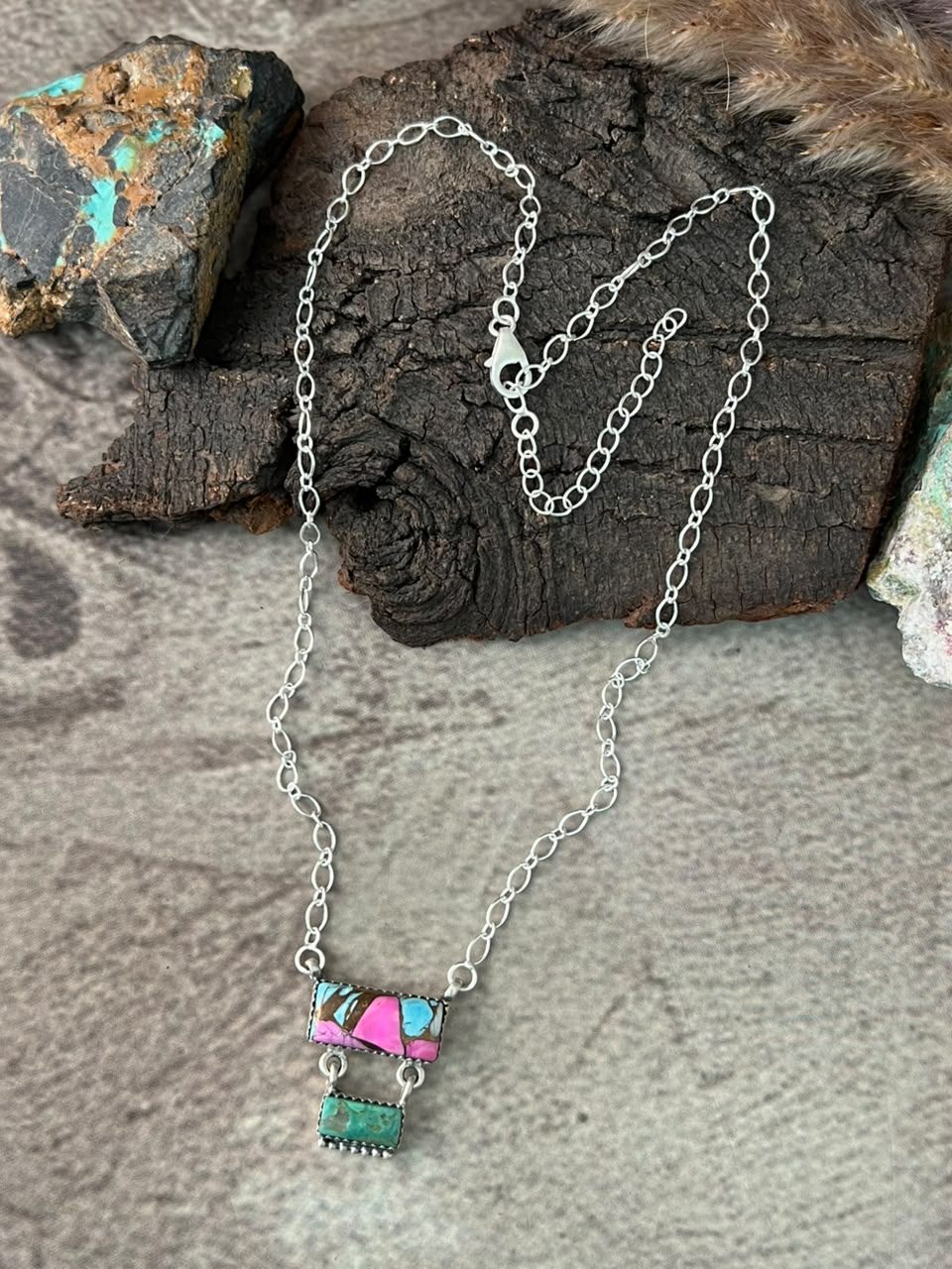 Handmade Sterling Silver Cotton Candy with Kingman Turquoise Necklace Signed Nizhoni