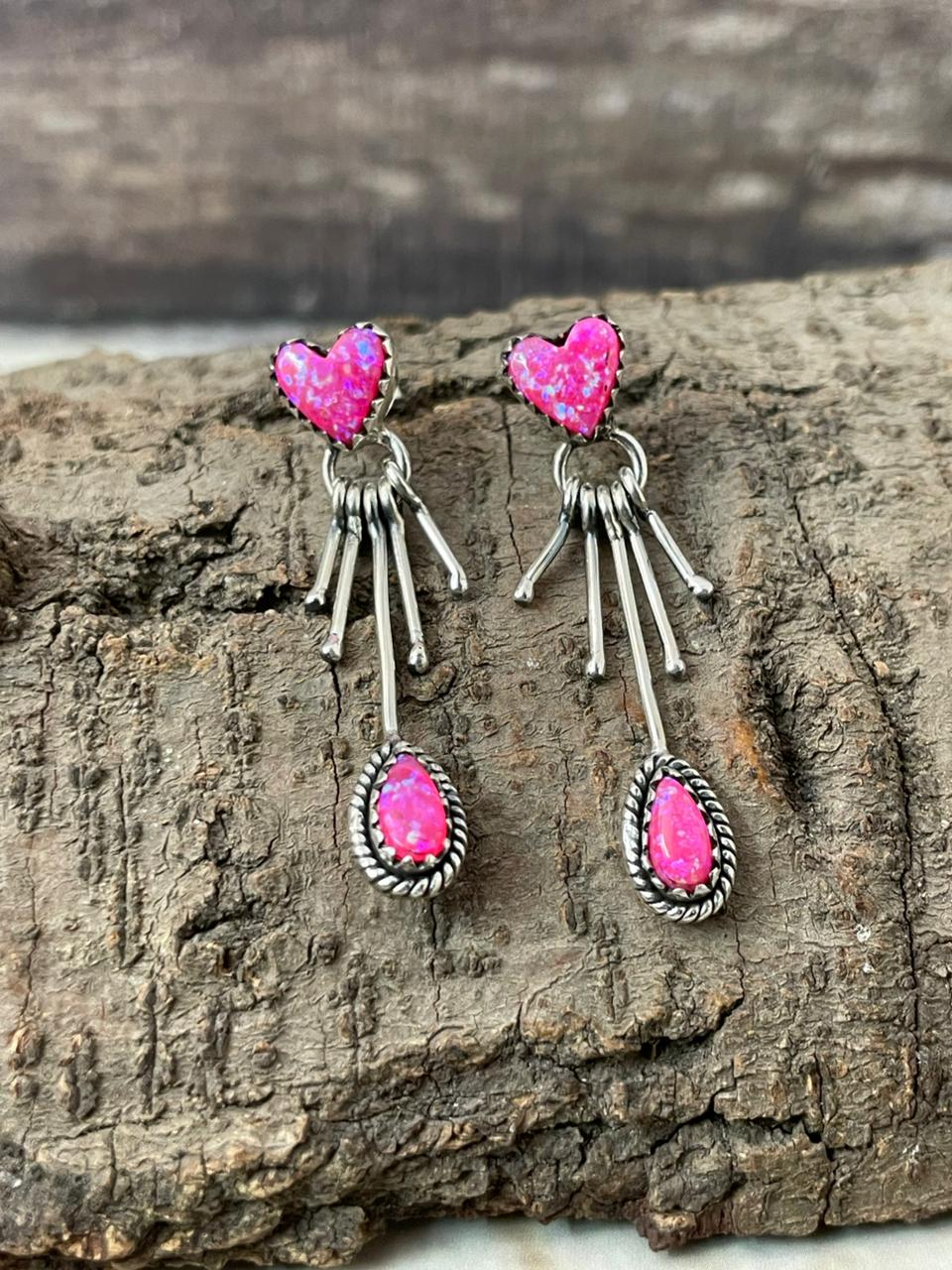 "Heart Collection" Handmade Sterling Silver Hot Pink Post Dangle Earrings "Signed Nizhoni"