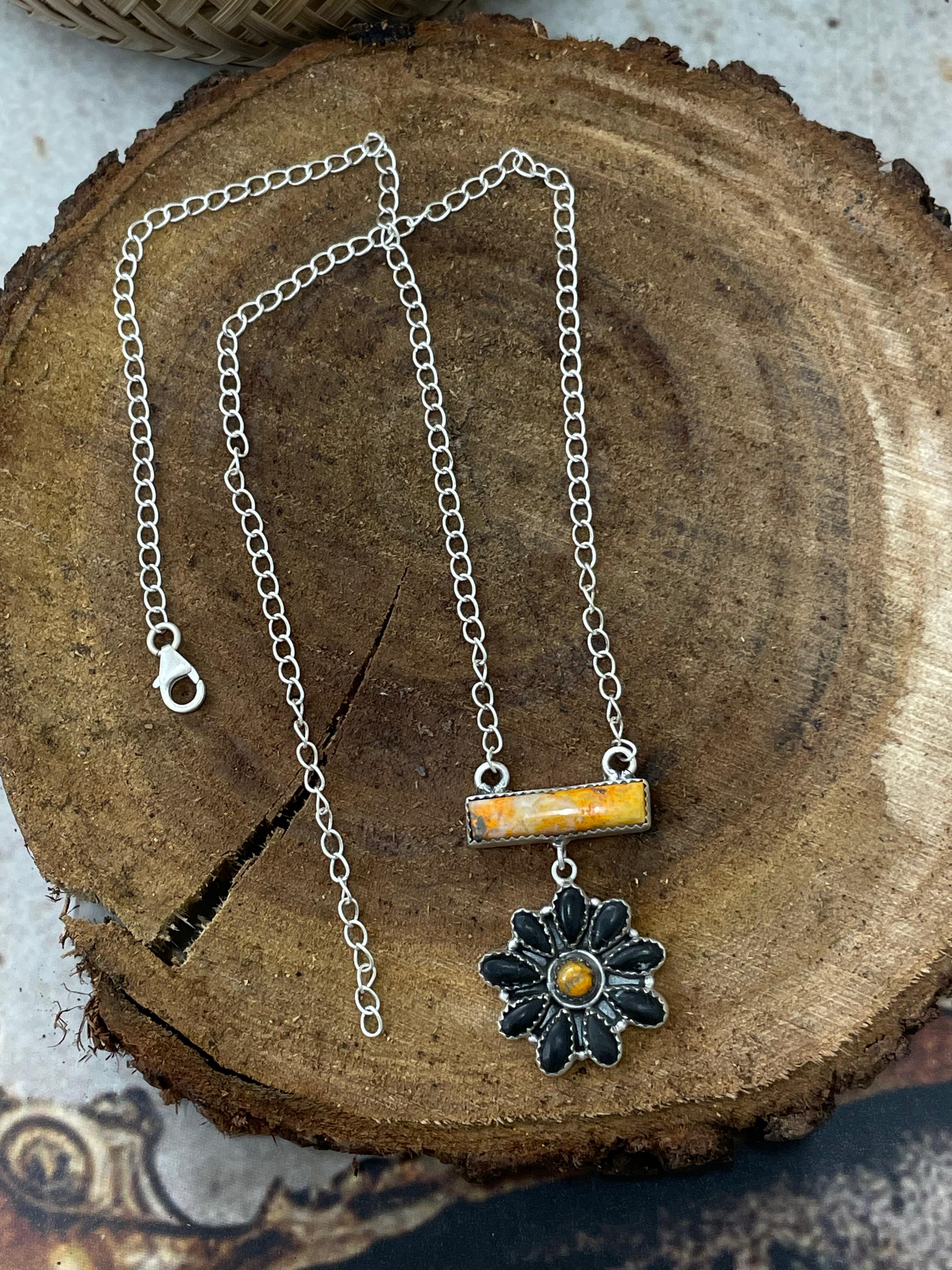 "Halloween Collection" Handmade Sterling Silver Black Onyx, Bumblebee Necklace with Signed Nizhoni