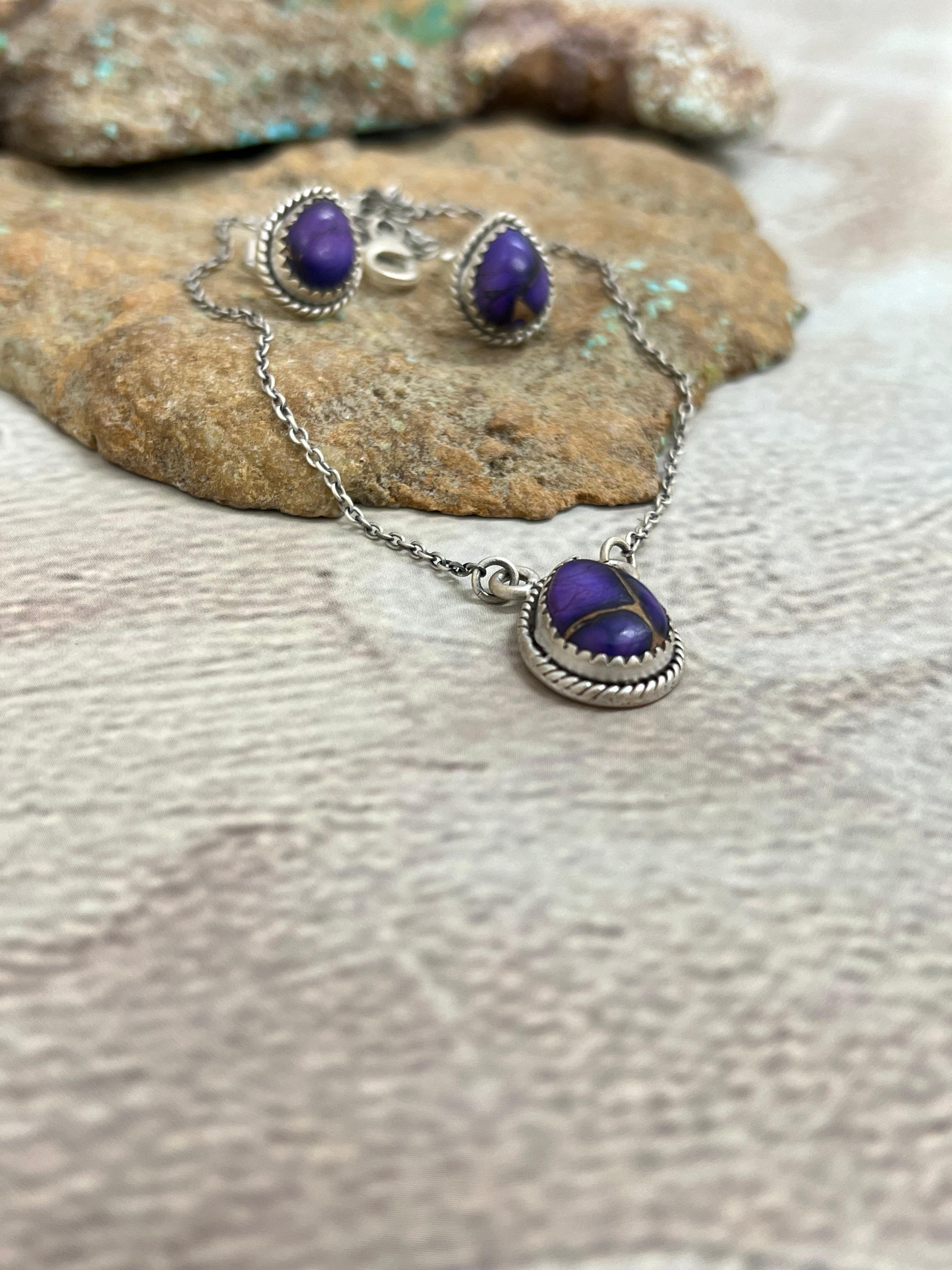 Handmade Sterling Silver Grape Dahlia Necklace Earrings Set, Signed Nizhoni