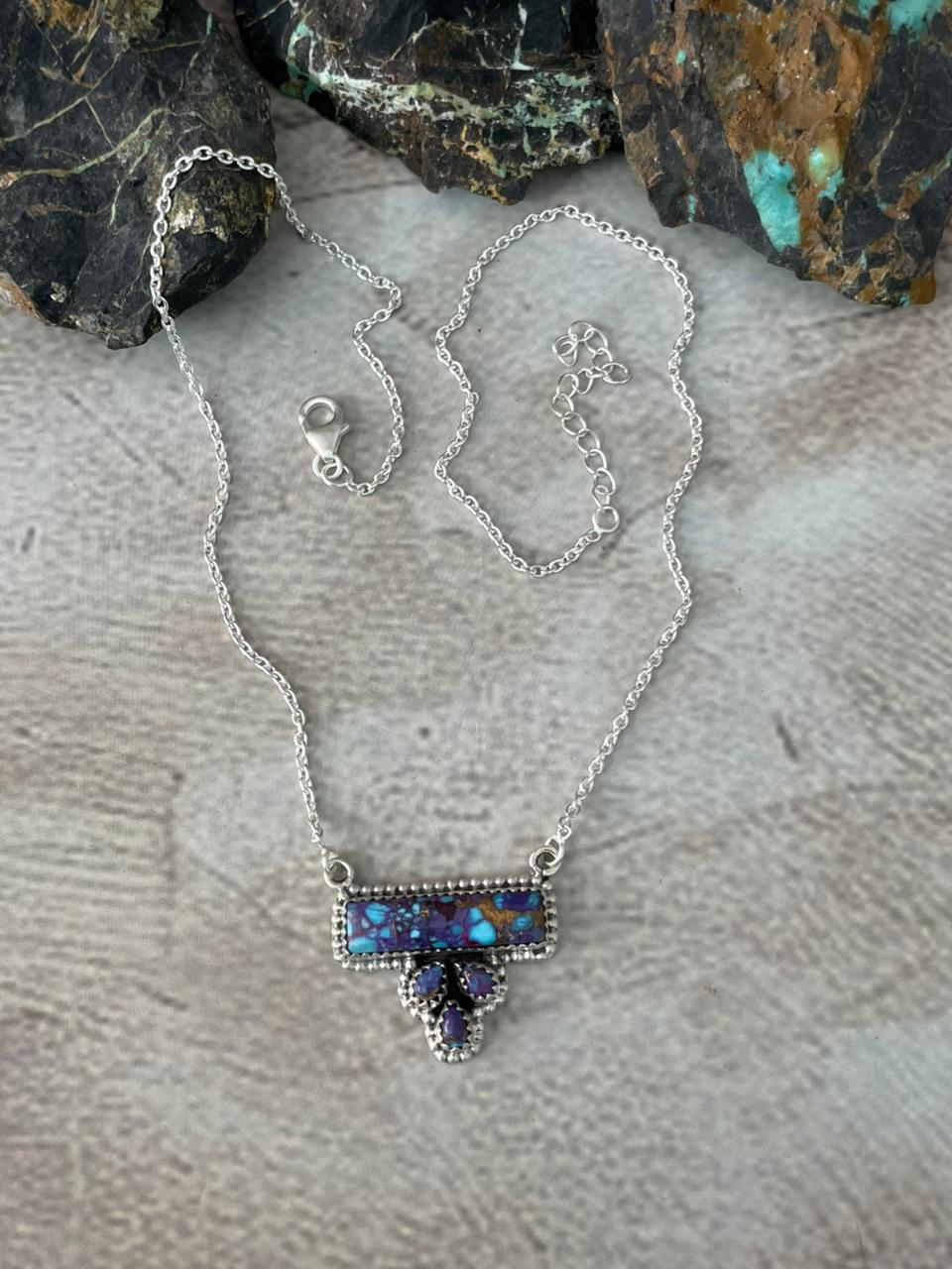 Handmade Sterling Silver Purple Blue Turquoise Necklace "Signed Nizhoni"