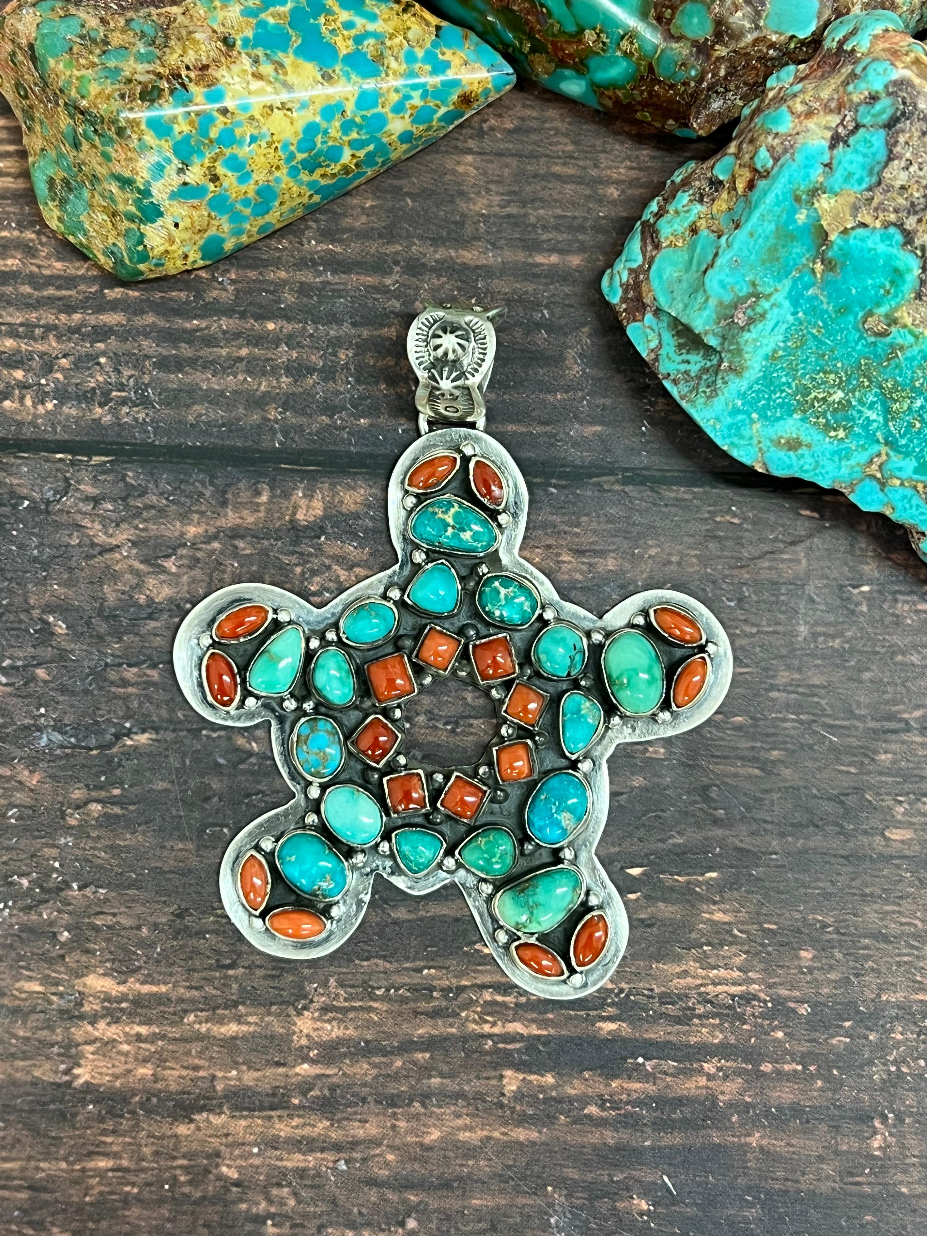 Handmade Sterling Silver Coral with Emerald Valley Pendant, Signed Nizhoni