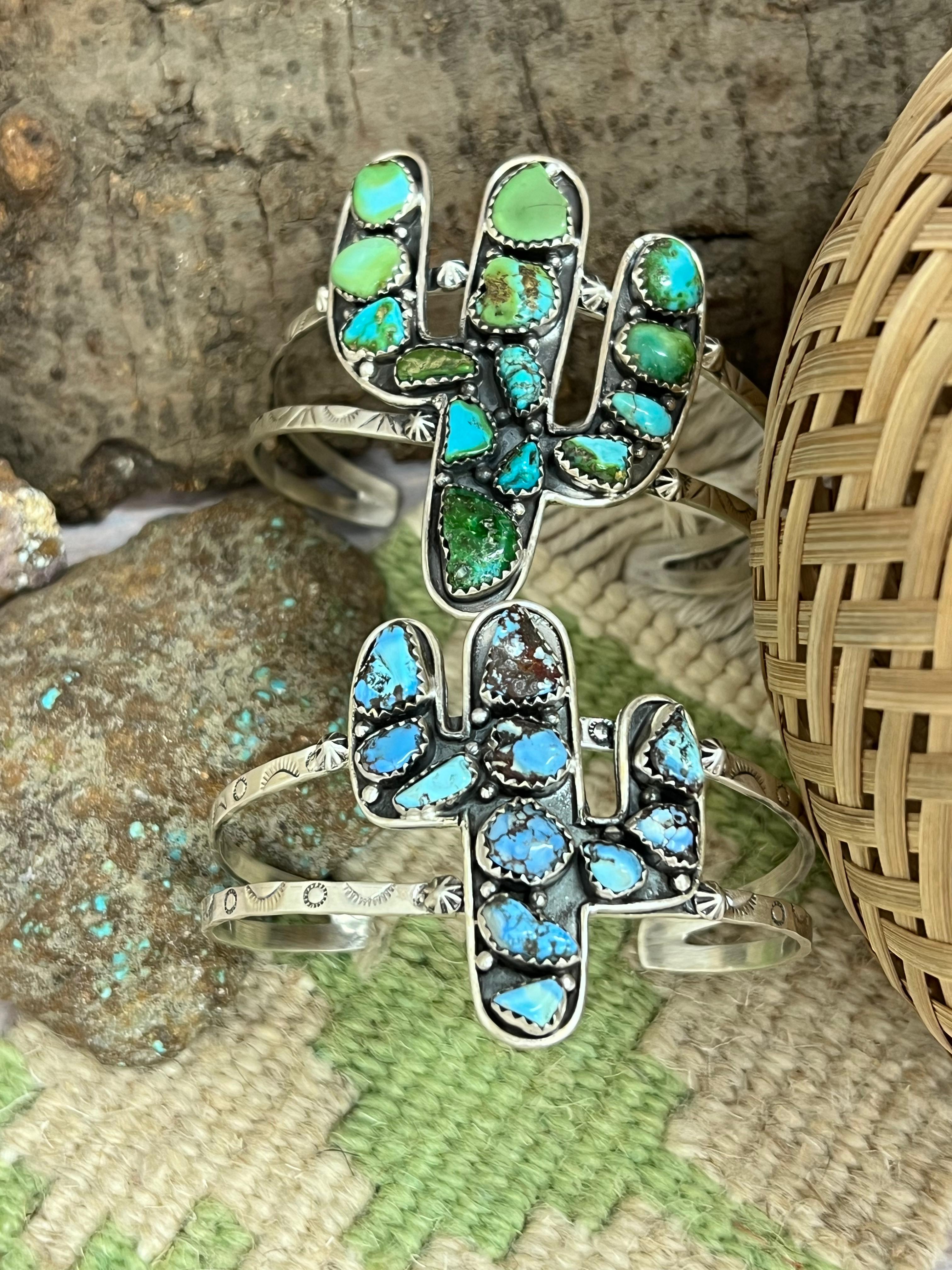 Handmade Sterling Silver Golden Hill, Sonoran Mountain Turquoise Cactus Bracelet with Signed Nizhoni /