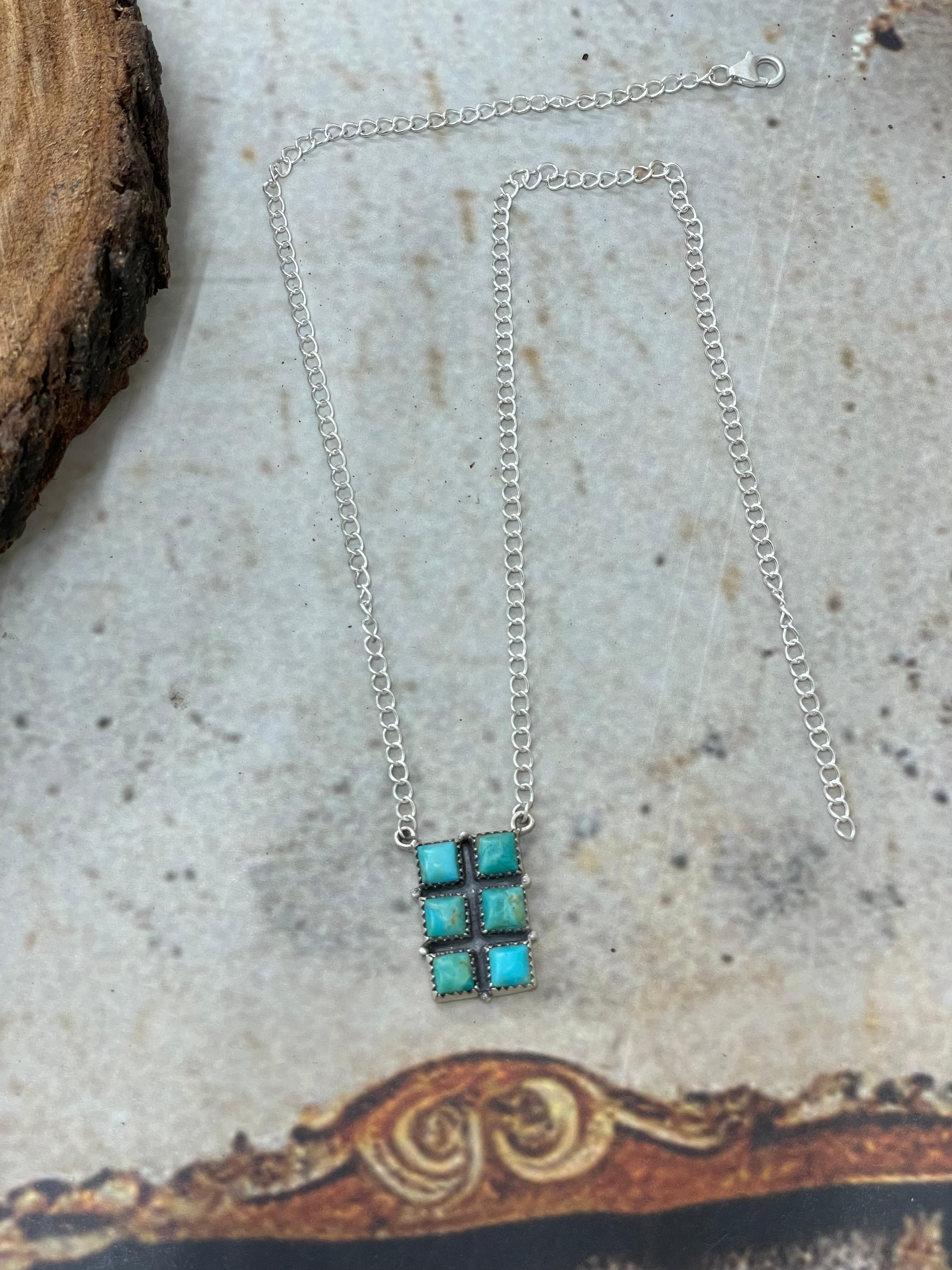 Handmade Sterling Silver Kingman Turquoise Necklace with Signed Nizhoni