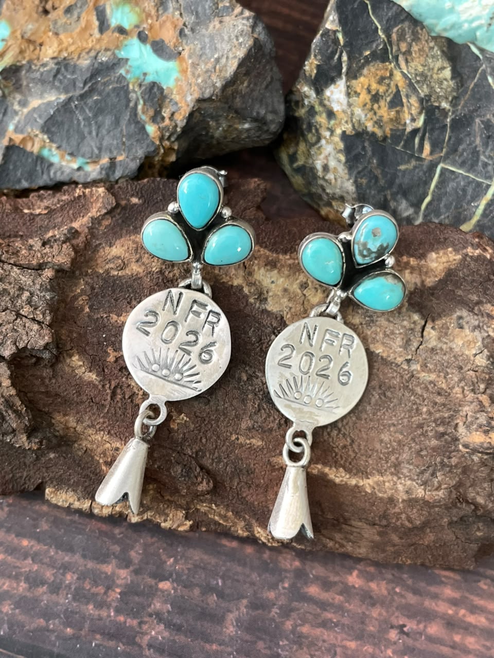Handmade Sterling Silver Kingman Turquoise NFR Collection: Squash Blossom Post Dangle Earrings Signed Nizhoni