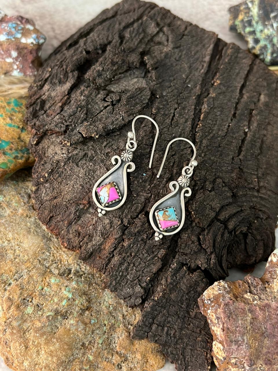 Handmade Sterling Silver Cotton Candy Hook Dangle Earrings "Signed Nizhoni"
