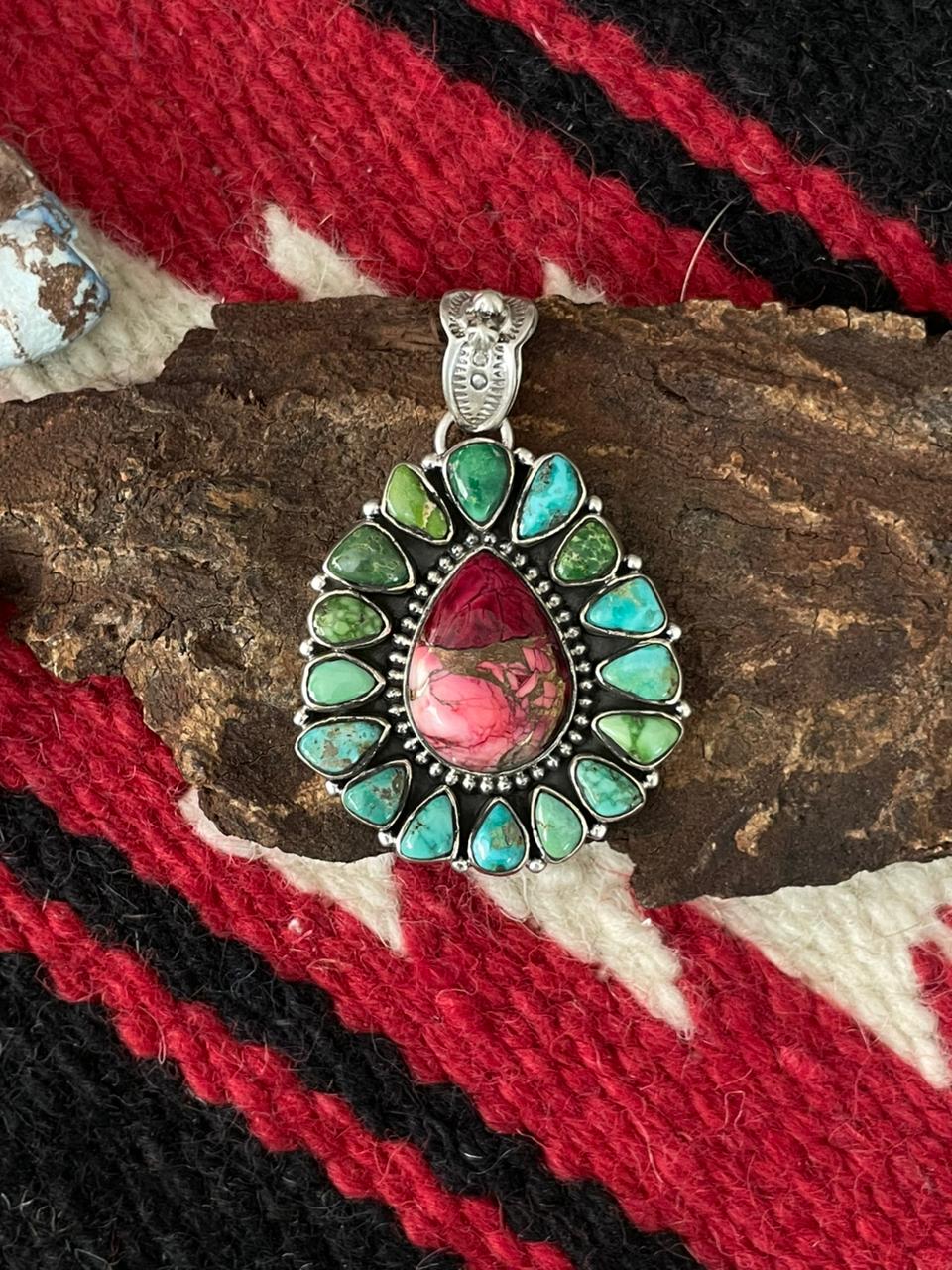 Handmade Sterling Silver Dahlia Rose with Emerald Valley Turquoise Pendant "Signed Nizhoni"