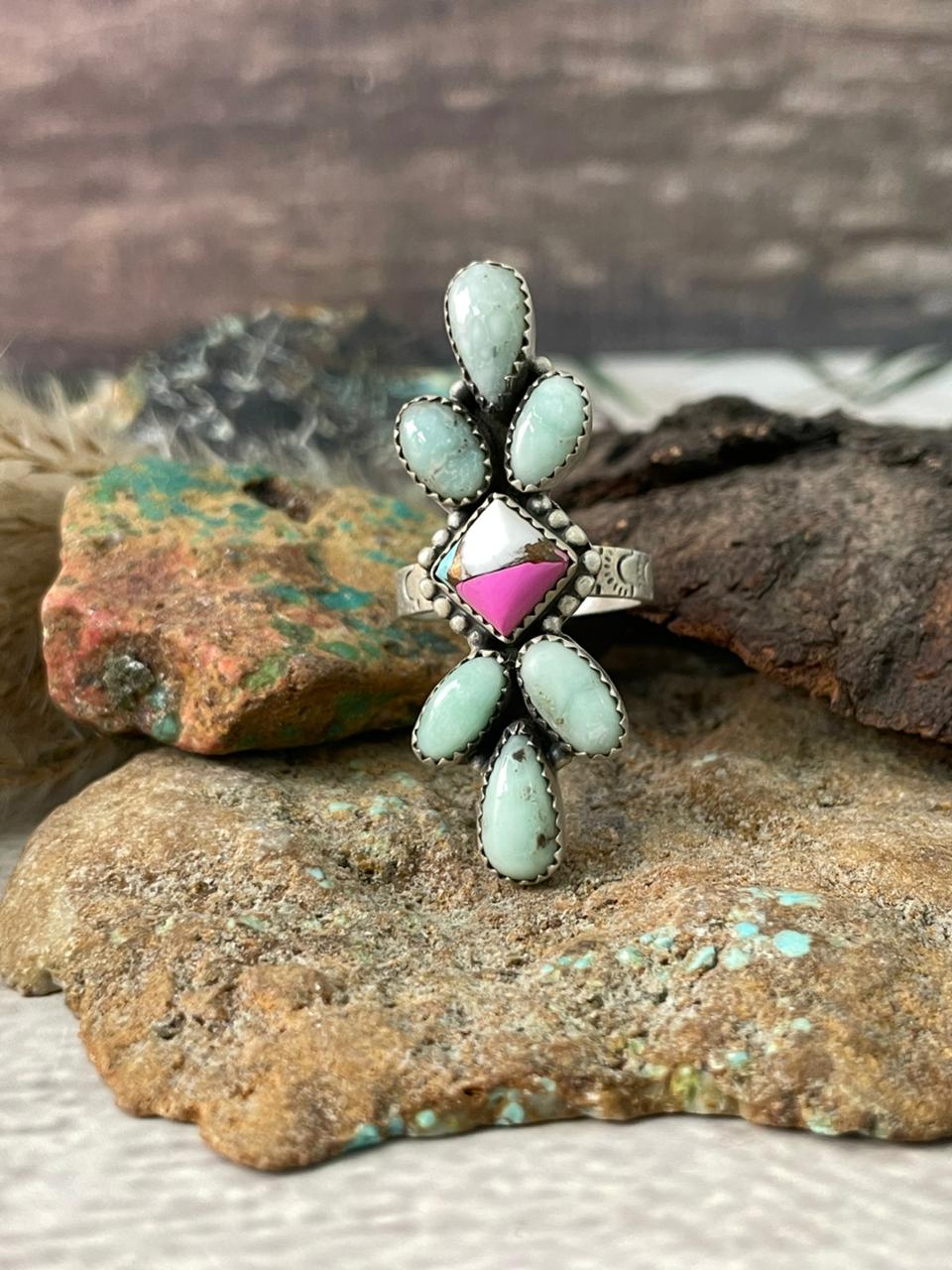 Handmade Sterling Silver Cotton Candy with Paloma Turquoise Adjustable Ring "Signed Nizhoni"