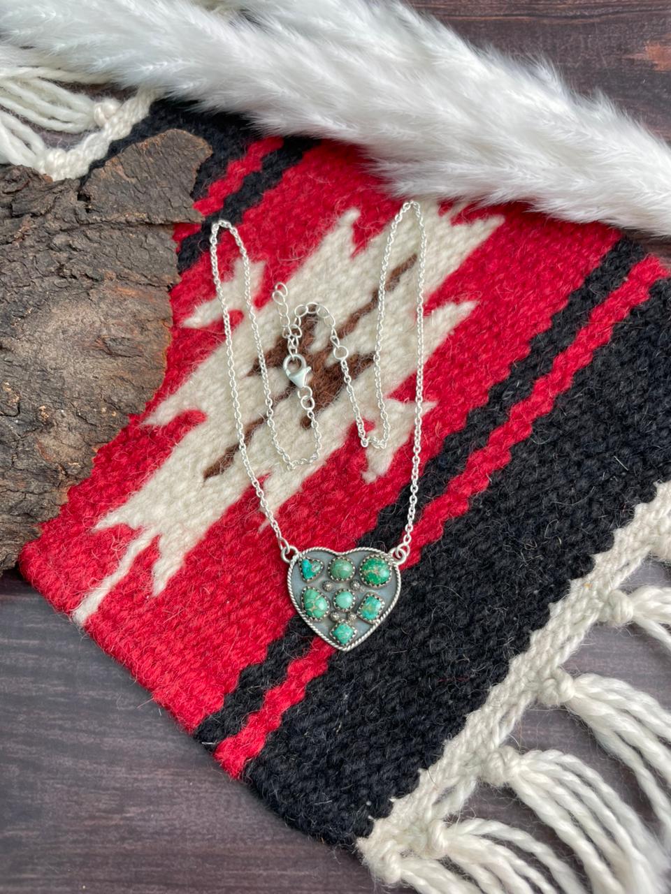 Handmade Sterling Silver Emerald Valley Turquoise Heart Necklace "Signed Nizhoni"