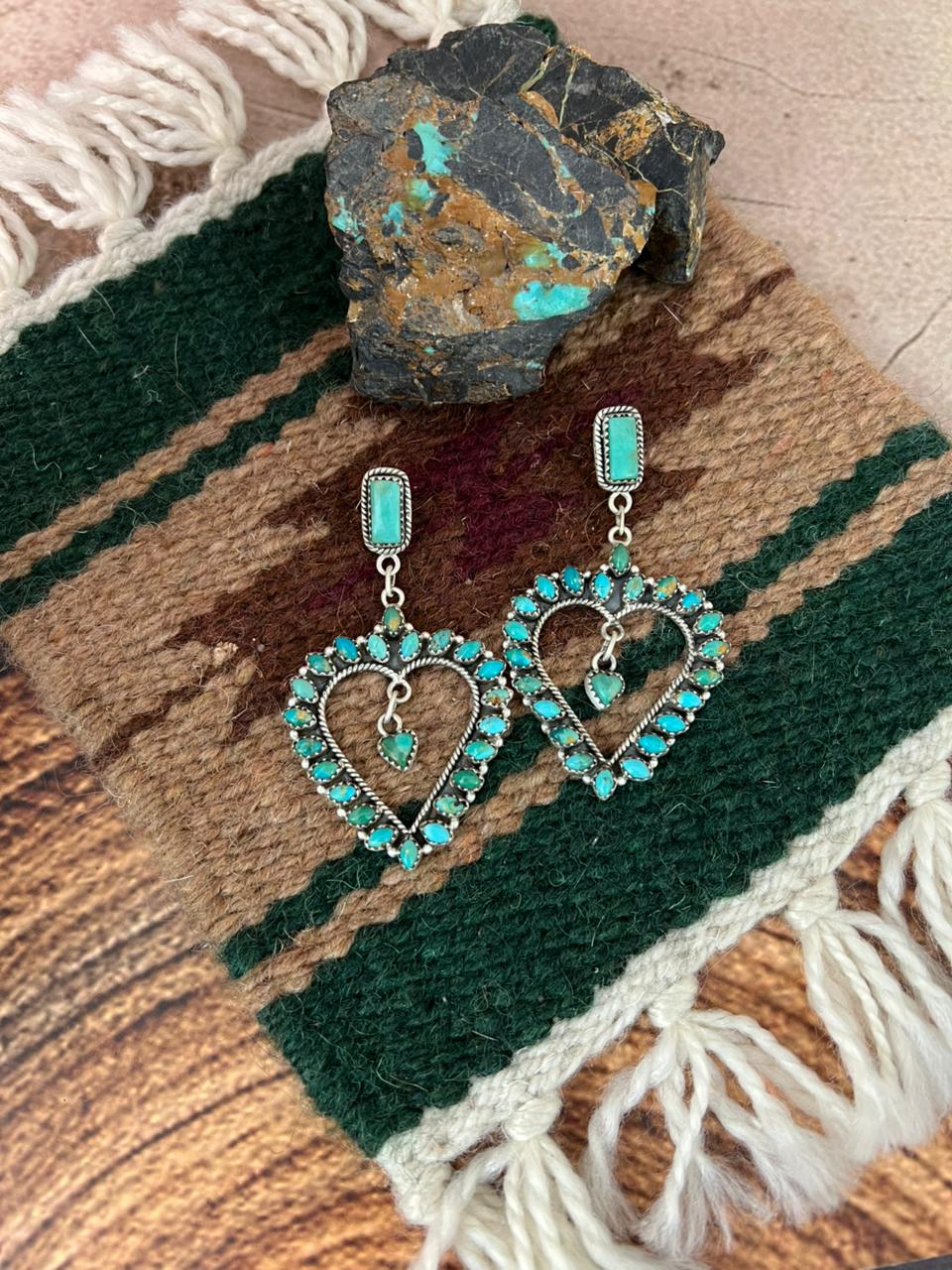 Handmade Sterling Silver Kingman Turquoise Heart Shape Post Dangle Earrings "Signed Nizhoni"