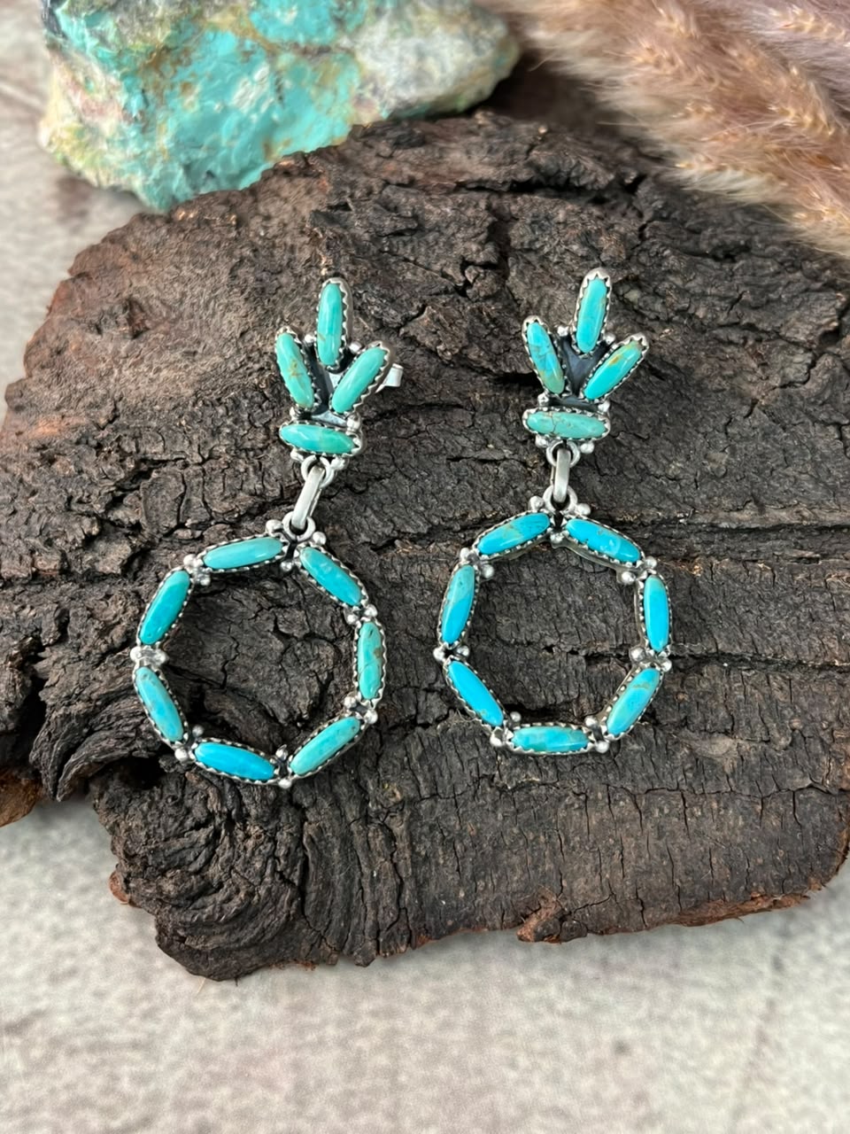 Handmade Sterling Silver Kingman Turquoise Post Dangle Earrings Signed Nizhoni