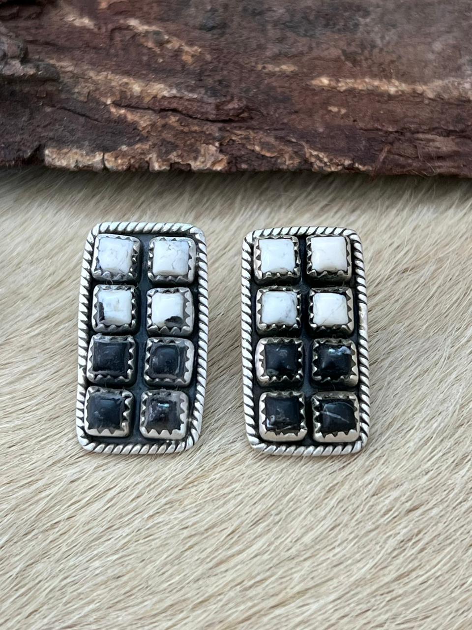 Handmade Sterling Silver White Buffalo Post Studs Earrings "Signed Nizhoni"